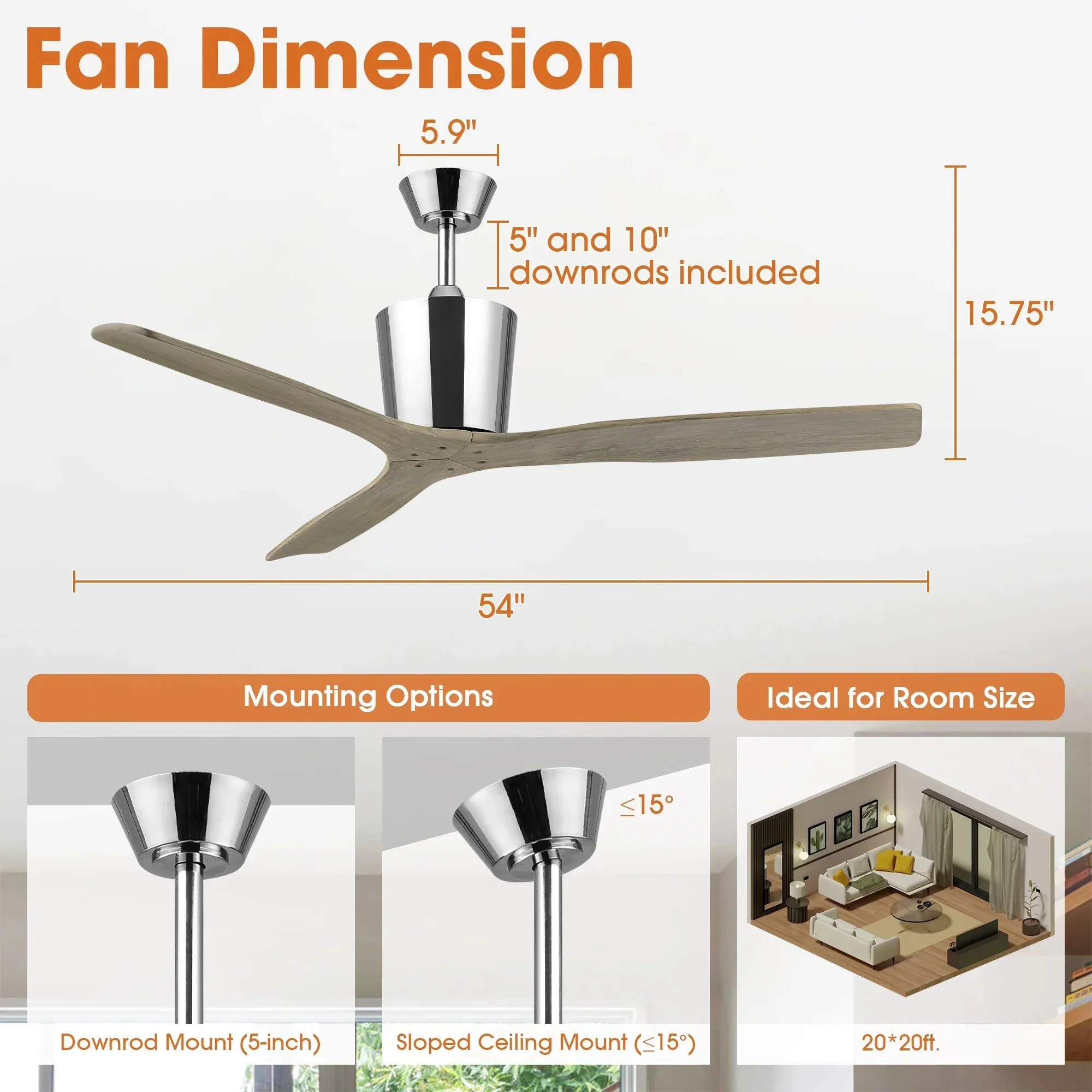 54 Inch Dylan Solid Wood Blades Downrod Mount Ceiling Fan with Remote Control - Image 6