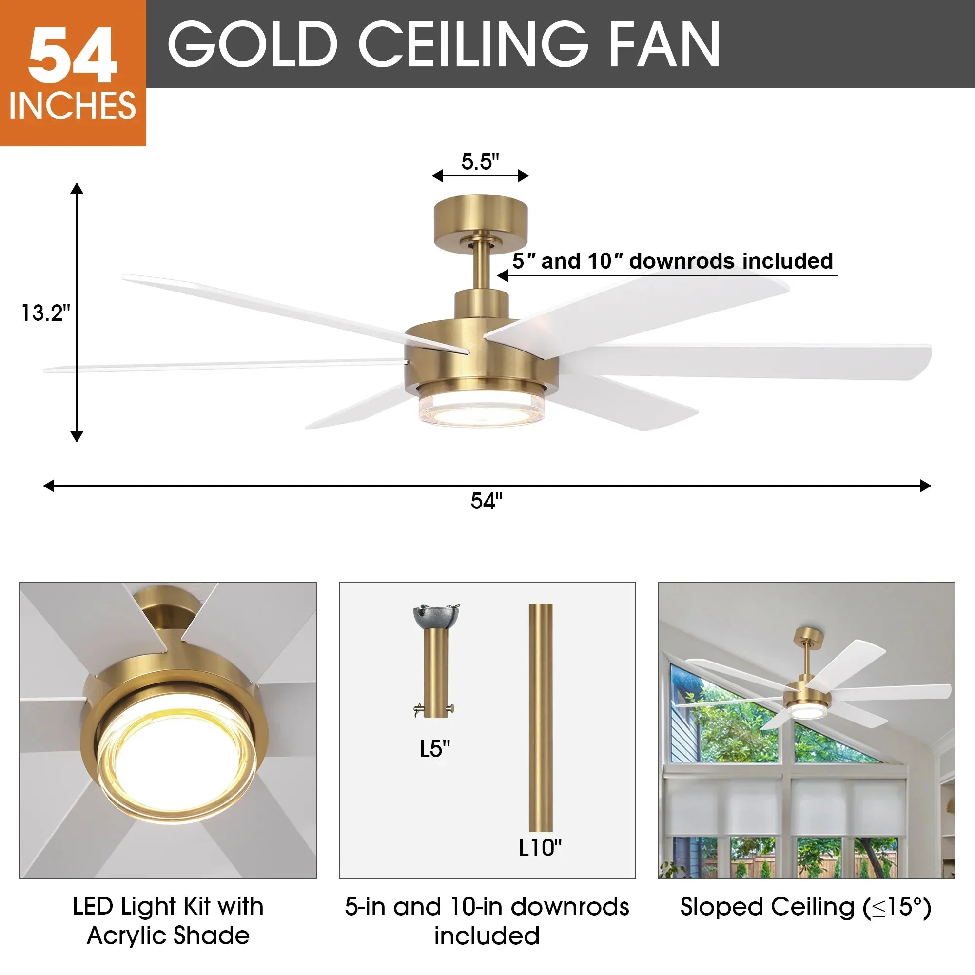 54 Inch Kama Modern Downrod Mount Ceiling Fan with Remote Control and LED Light - Image 7