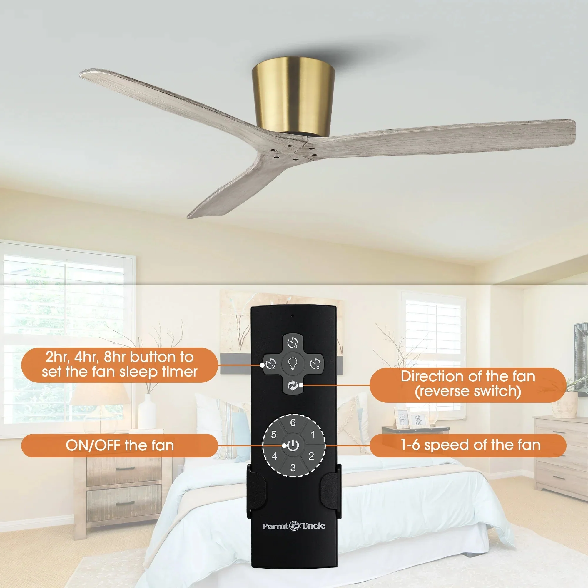 54 Inch Ward Solid Wood Blades Flush Mount Ceiling Fan with Remote Control - Image 4