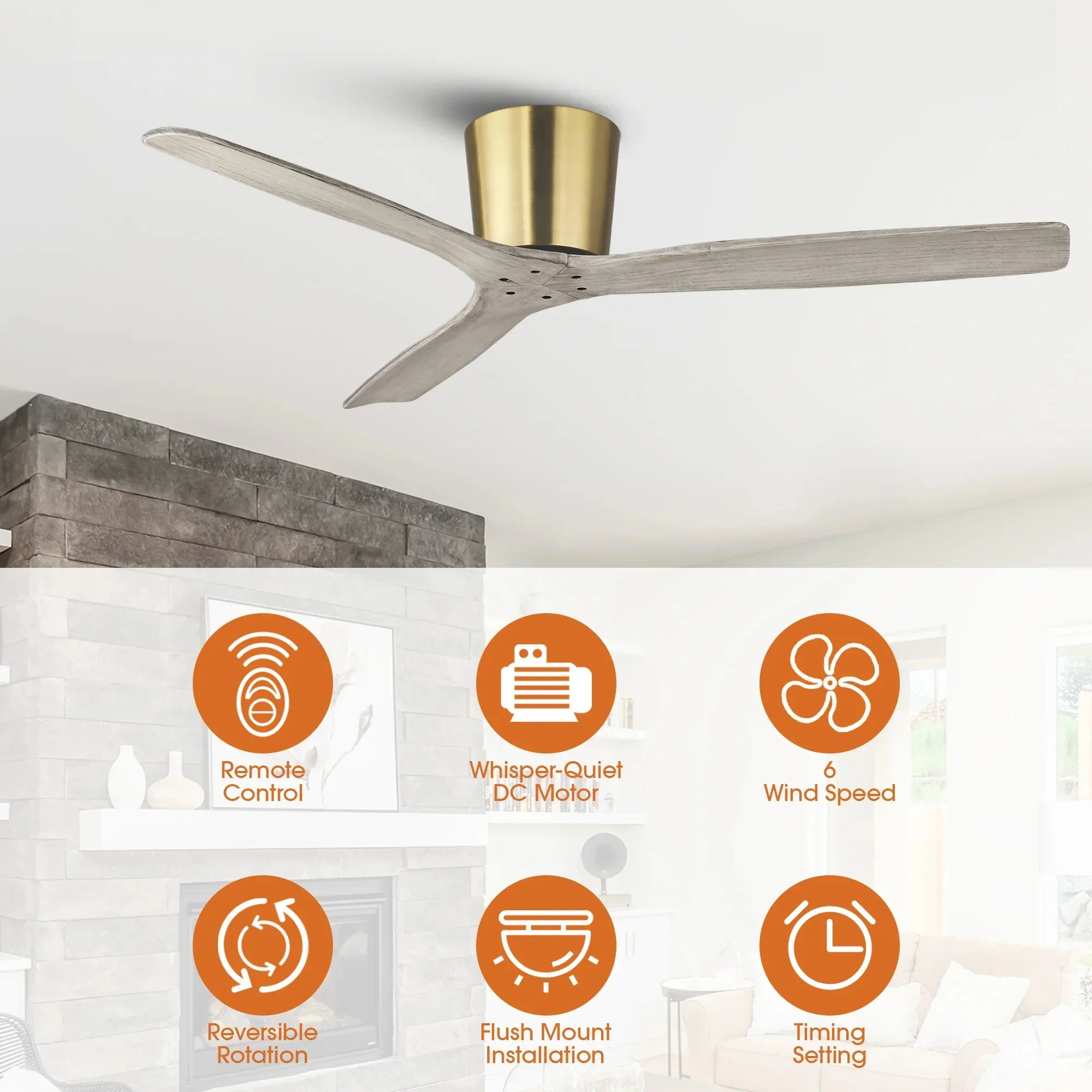 54 Inch Ward Solid Wood Blades Flush Mount Ceiling Fan with Remote Control - Image 6