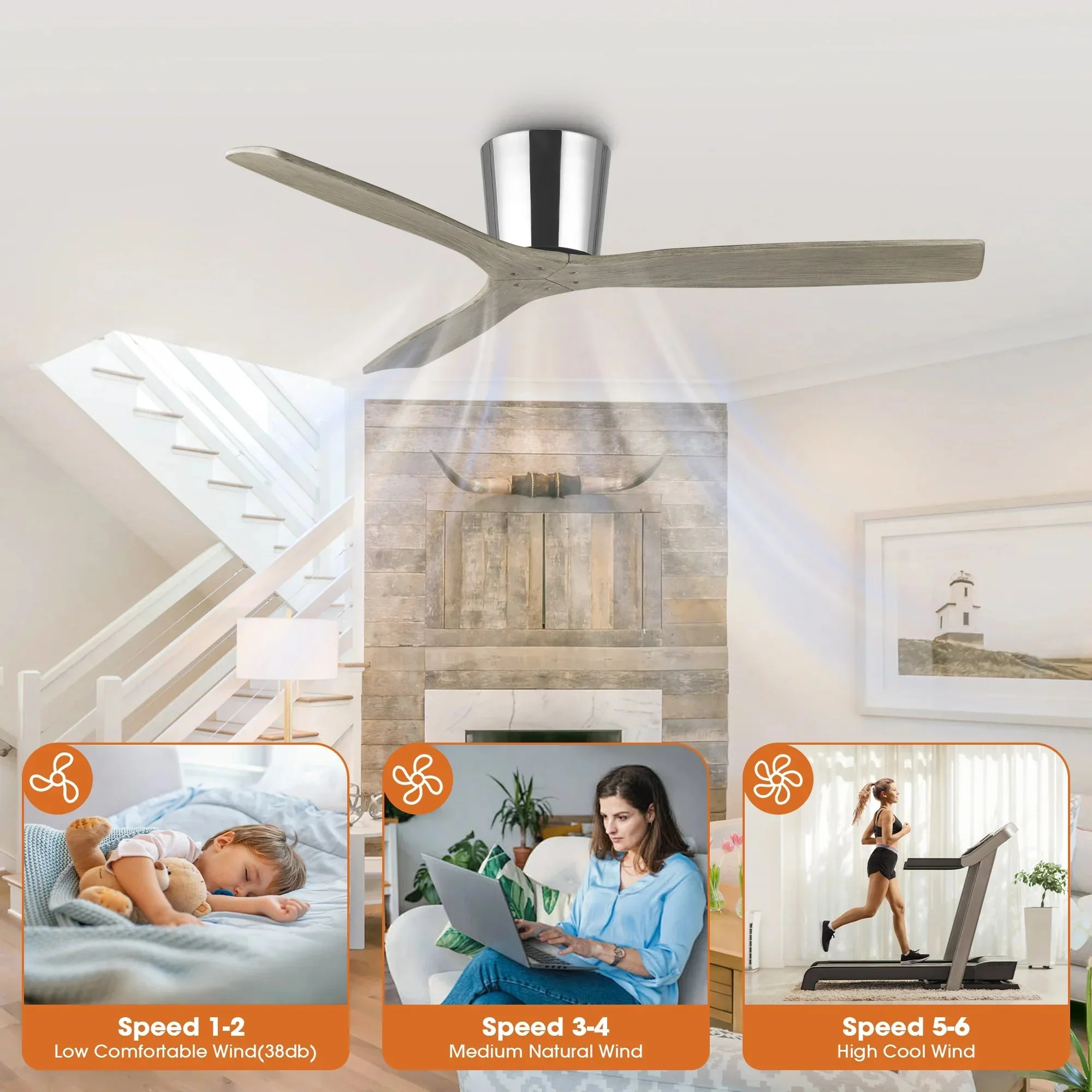 54 Inch Ward Solid Wood Blades Flush Mount Ceiling Fan with Remote Control - Image 7