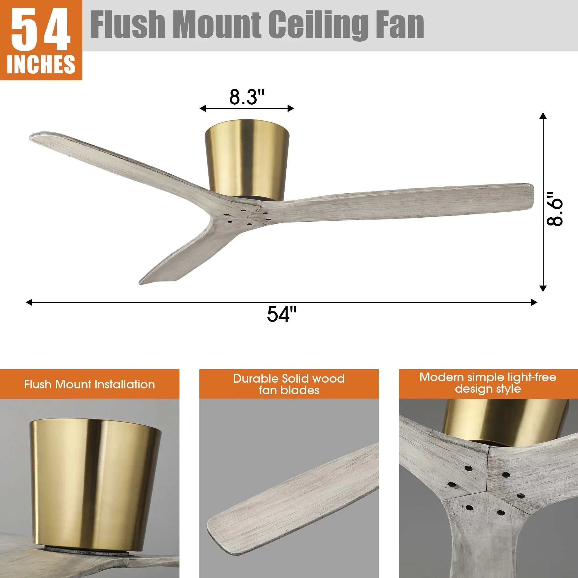 54 Inch Ward Solid Wood Blades Flush Mount Ceiling Fan with Remote Control - Image 8