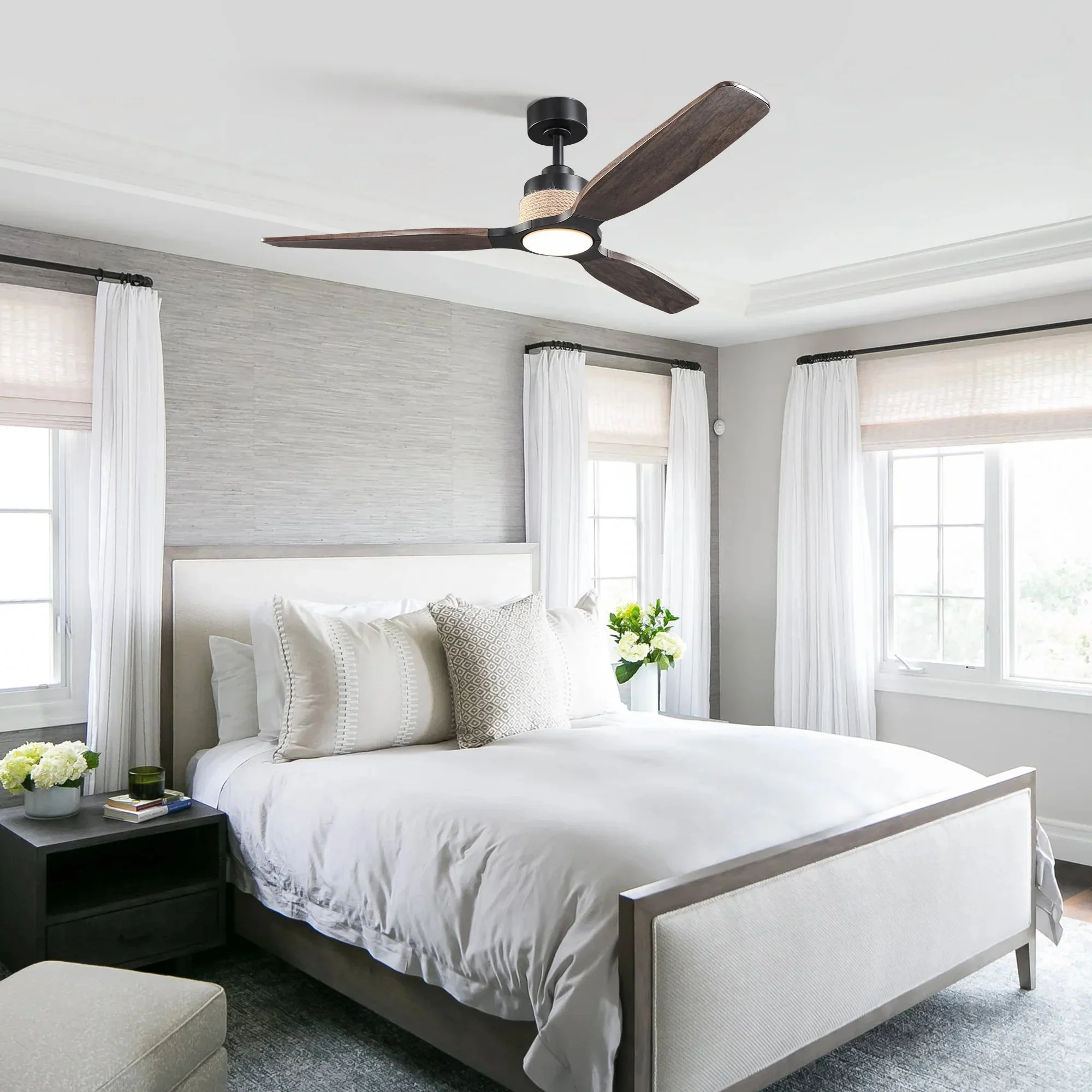 56 Inch Louise Downrod Mount LED Wood Blades Ceiling Fan with Remote Control - Image 4