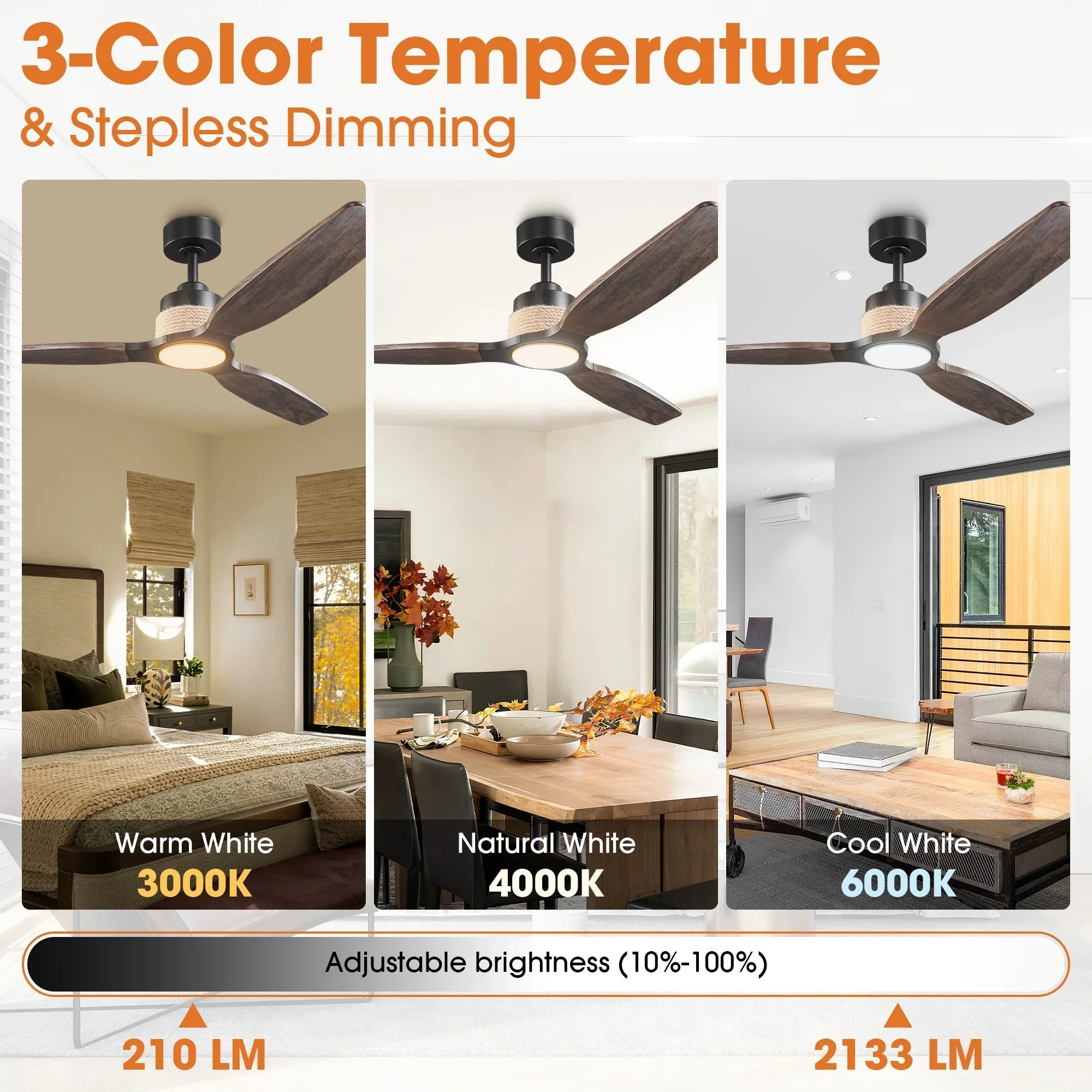 56 Inch Louise Downrod Mount LED Wood Blades Ceiling Fan with Remote Control - Image 6