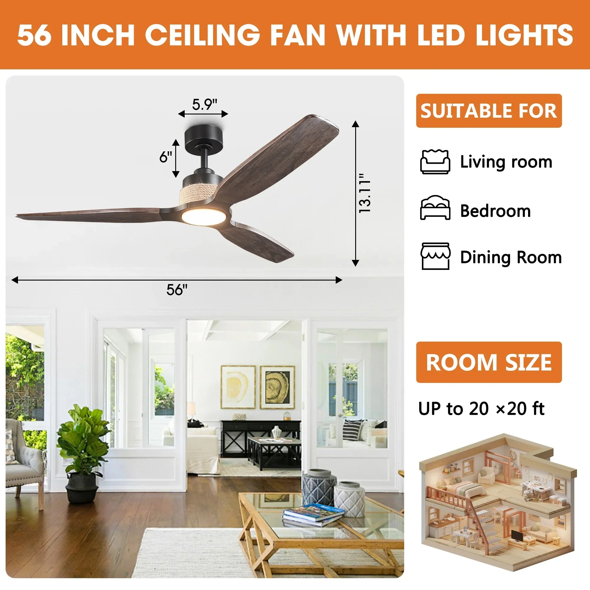 56 Inch Louise Downrod Mount LED Wood Blades Ceiling Fan with Remote Control - Image 7