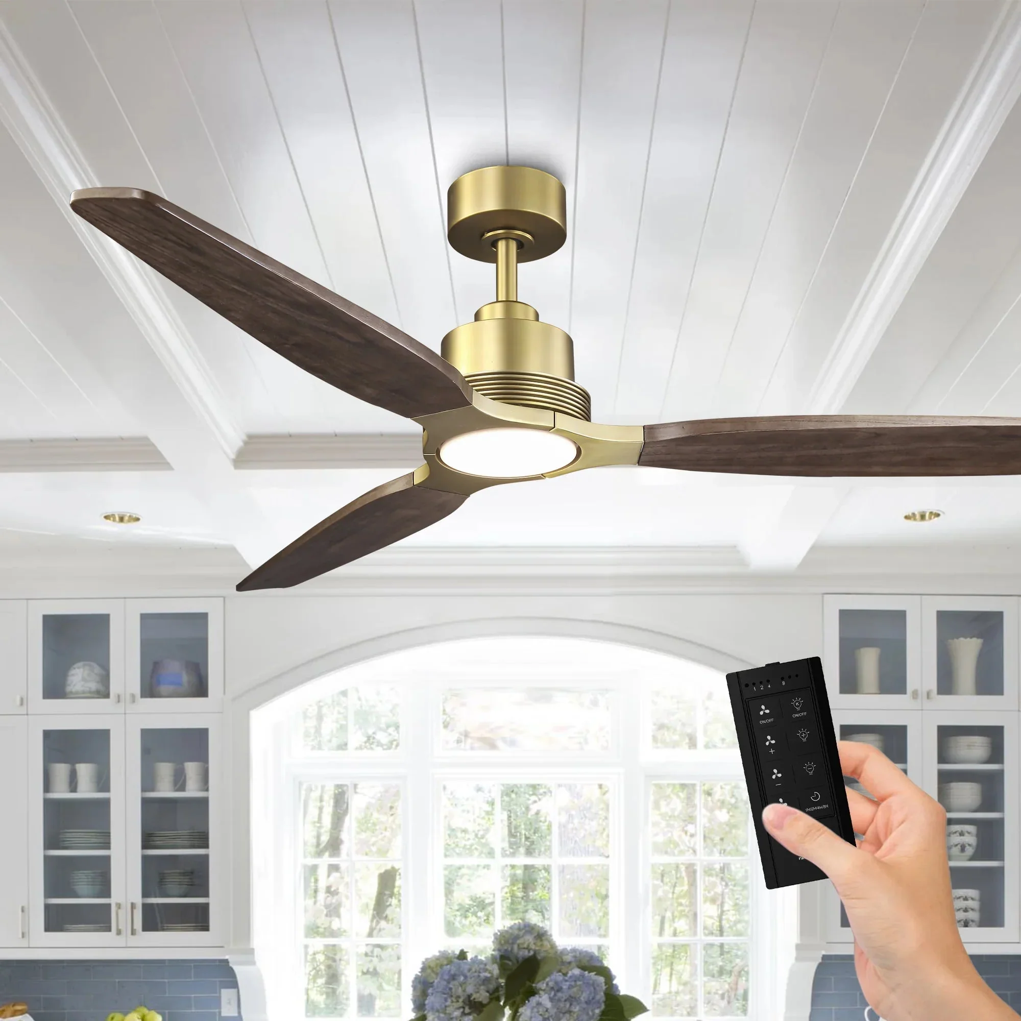 56 Inch Soft Brass Solid Wood Blades LED Ceiling Fan with Remote Control - Image 3