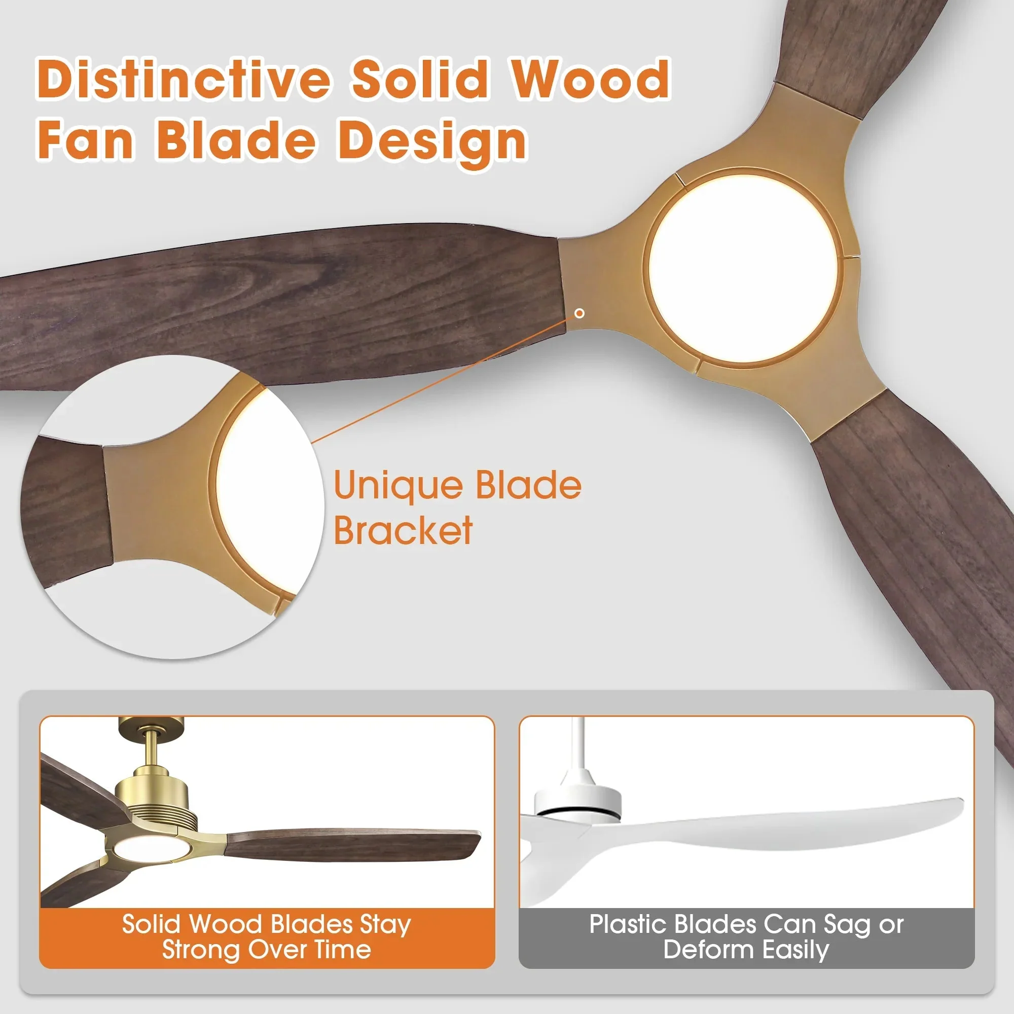 56 Inch Soft Brass Solid Wood Blades LED Ceiling Fan with Remote Control - Image 4