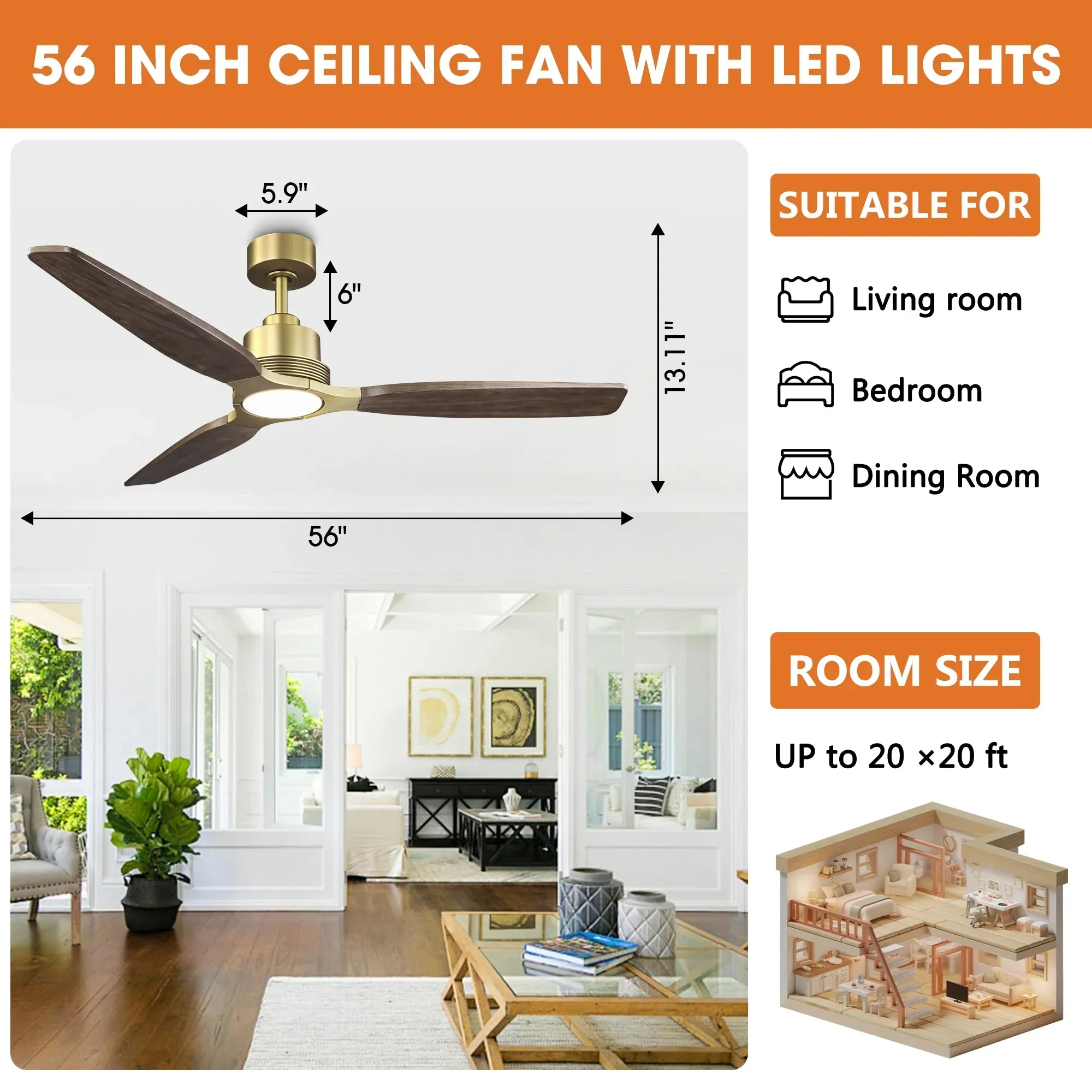 56 Inch Soft Brass Solid Wood Blades LED Ceiling Fan with Remote Control - Image 5