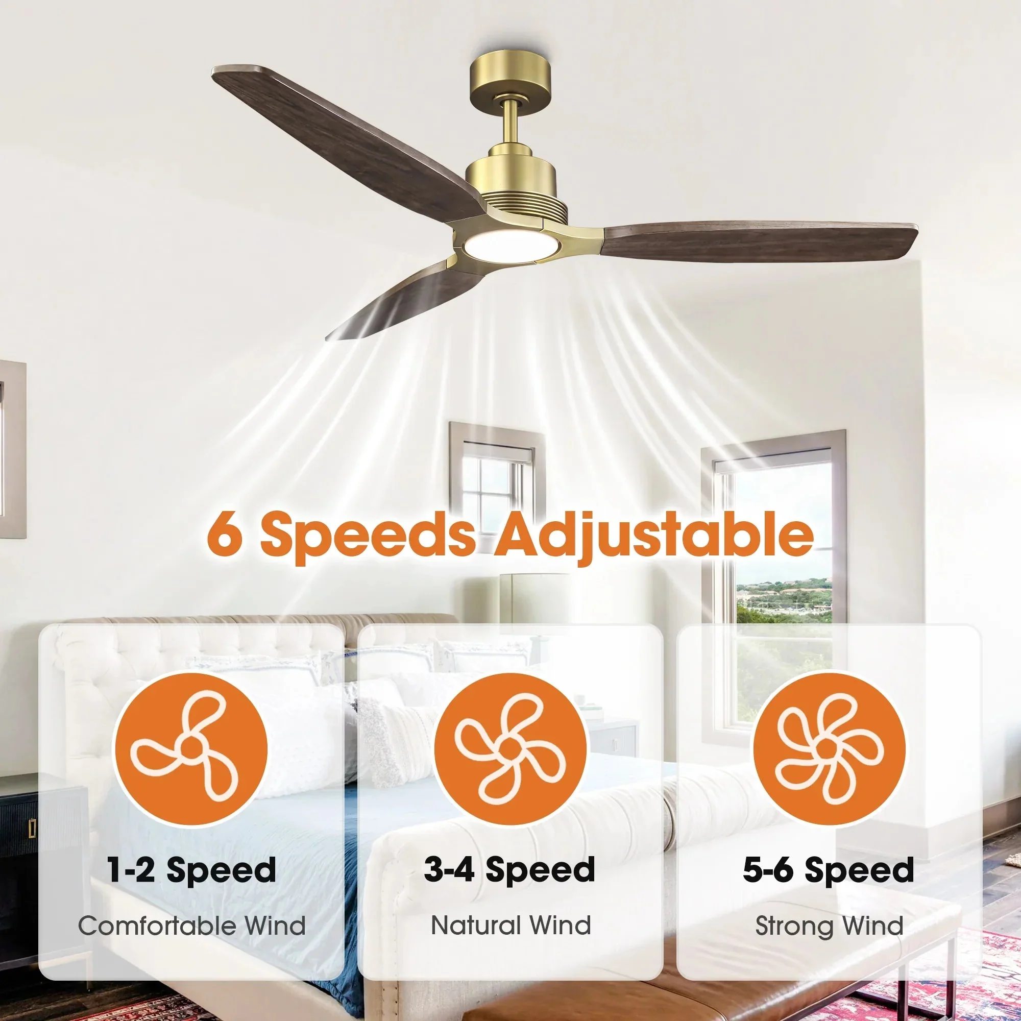 56 Inch Soft Brass Solid Wood Blades LED Ceiling Fan with Remote Control - Image 7