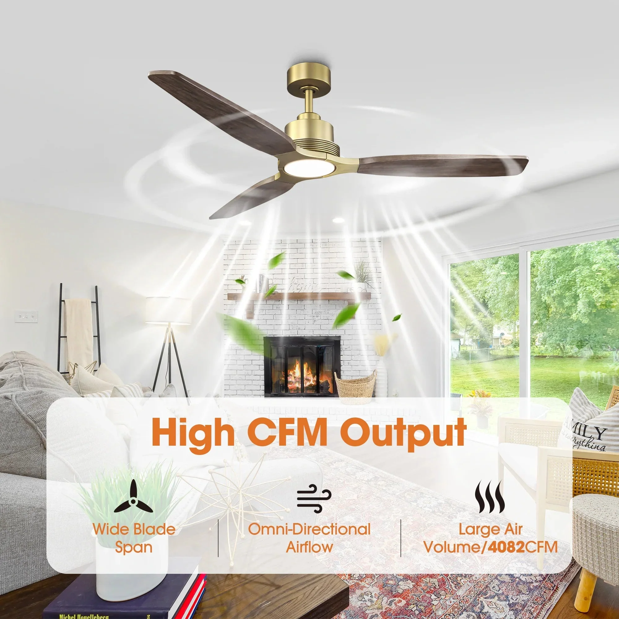 56 Inch Soft Brass Solid Wood Blades LED Ceiling Fan with Remote Control - Image 9
