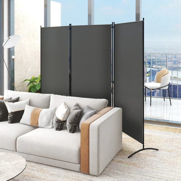 6-Ft Grey 3-Panel Room Divider Screen with Steel Base and Heavy Duty Hinges - Image 3