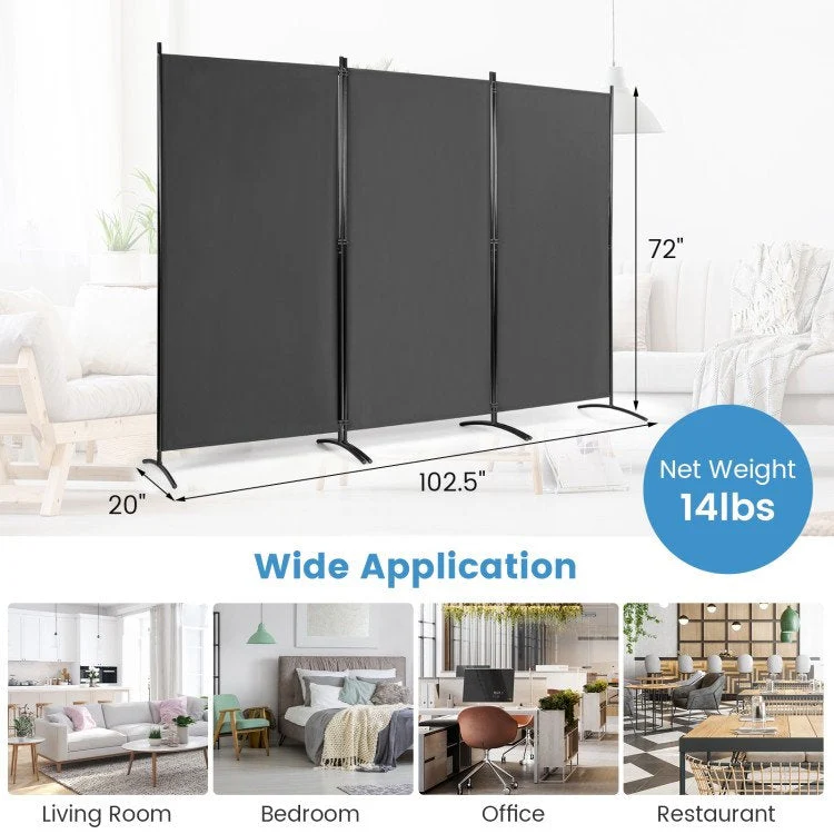 6-Ft Grey 3-Panel Room Divider Screen with Steel Base and Heavy Duty Hinges - Image 5