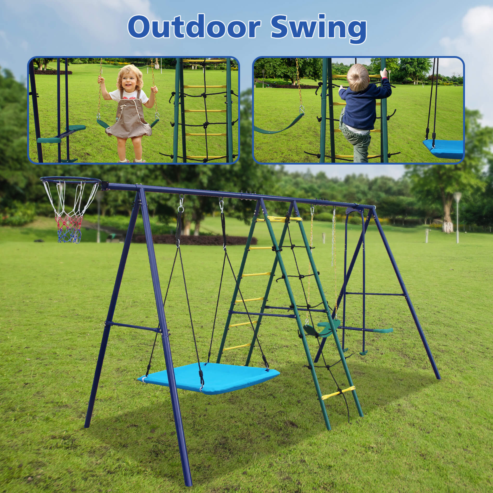6-In-1 Outdoor Swing Set With Climbing Ladder Net And Basketball Hoop (SAK98152) - Image 3
