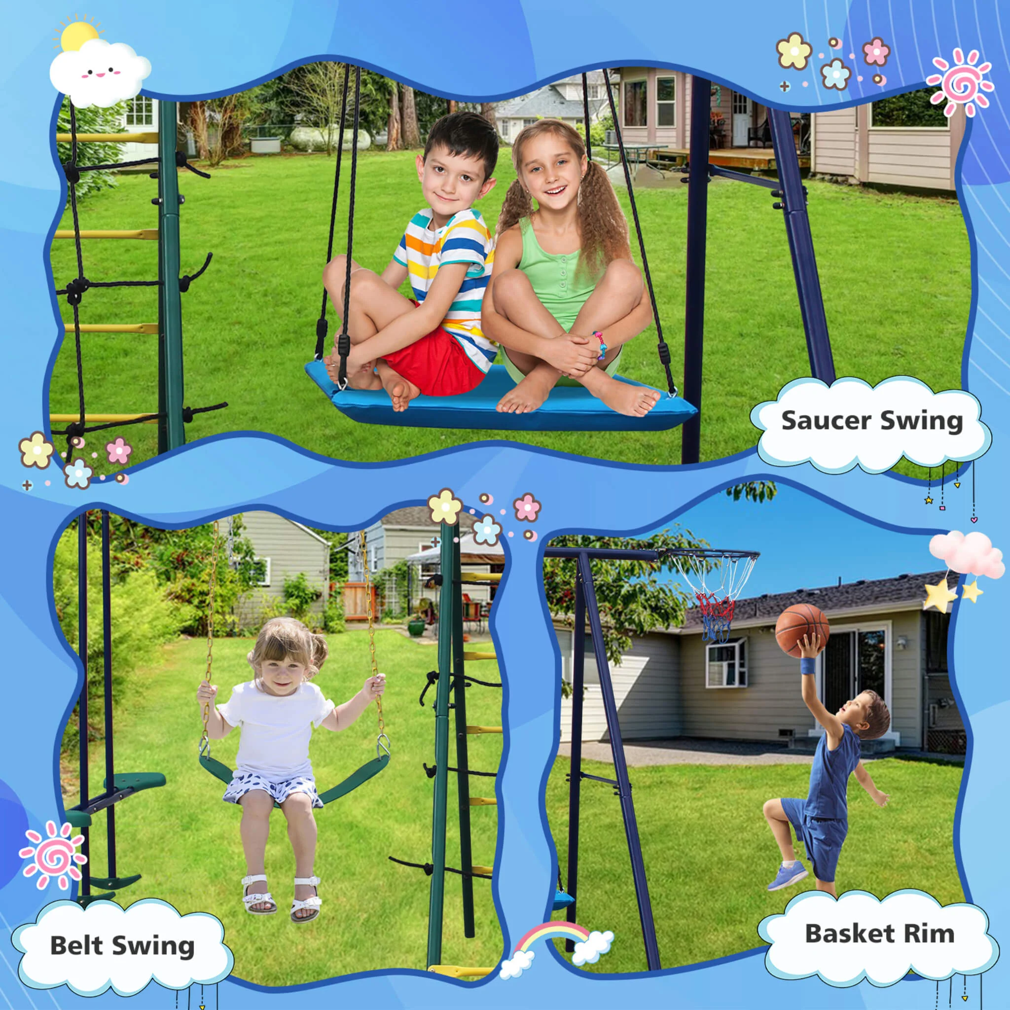 6-In-1 Outdoor Swing Set With Climbing Ladder Net And Basketball Hoop (SAK98152) - Image 4