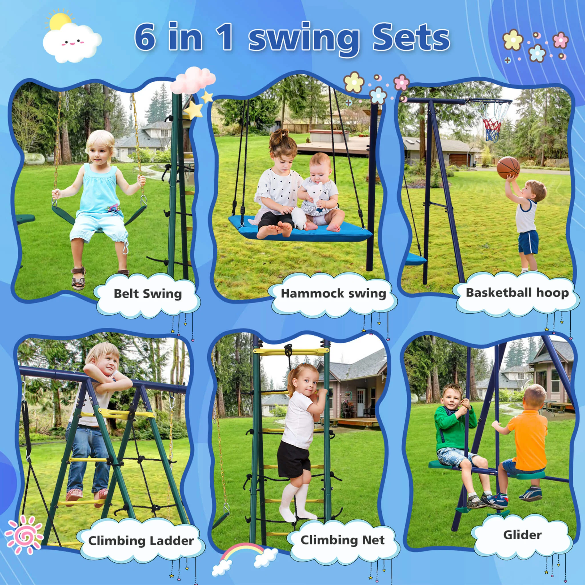 6-In-1 Outdoor Swing Set With Climbing Ladder Net And Basketball Hoop (SAK98152) - Image 5