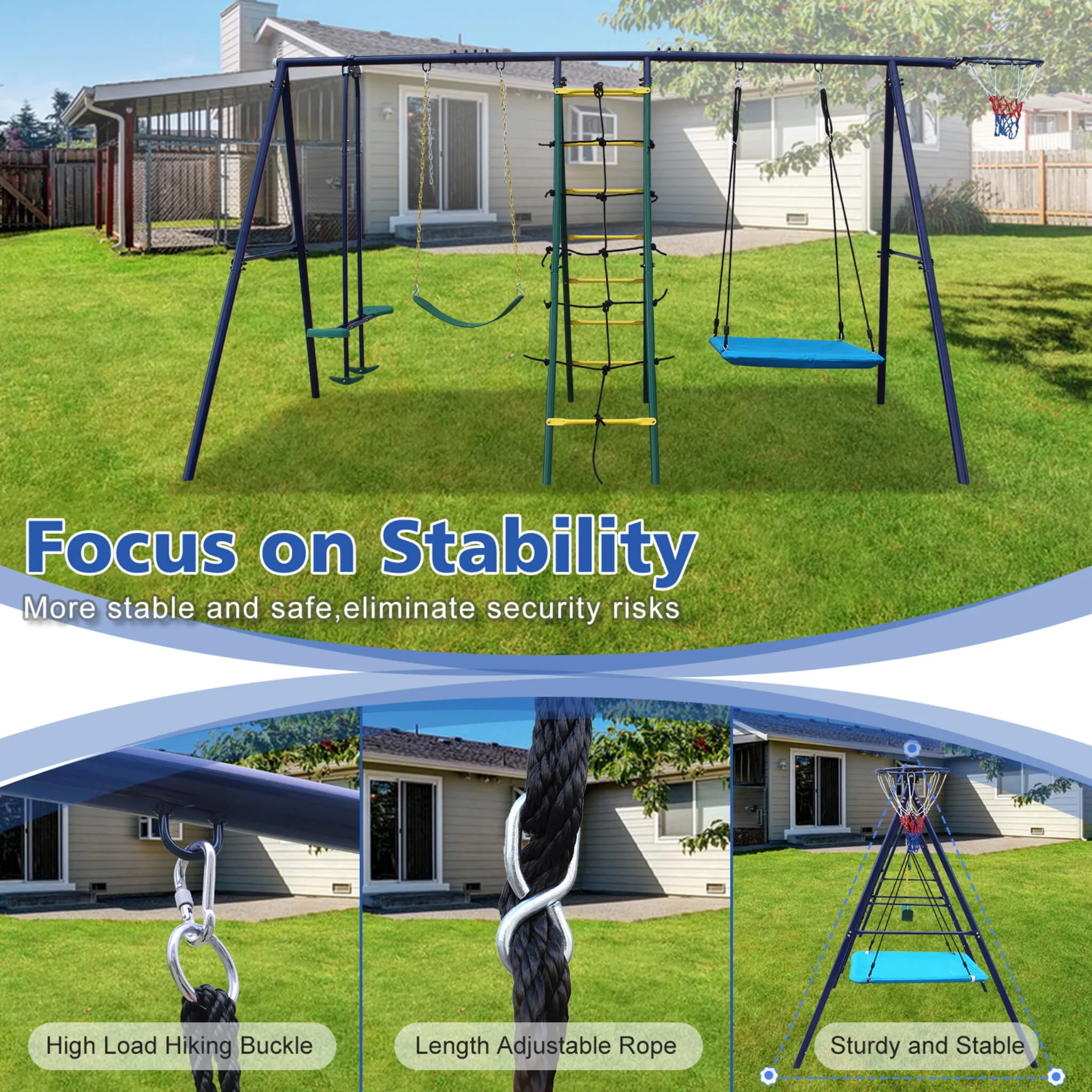 6-In-1 Outdoor Swing Set With Climbing Ladder Net And Basketball Hoop (SAK98152) - Image 6