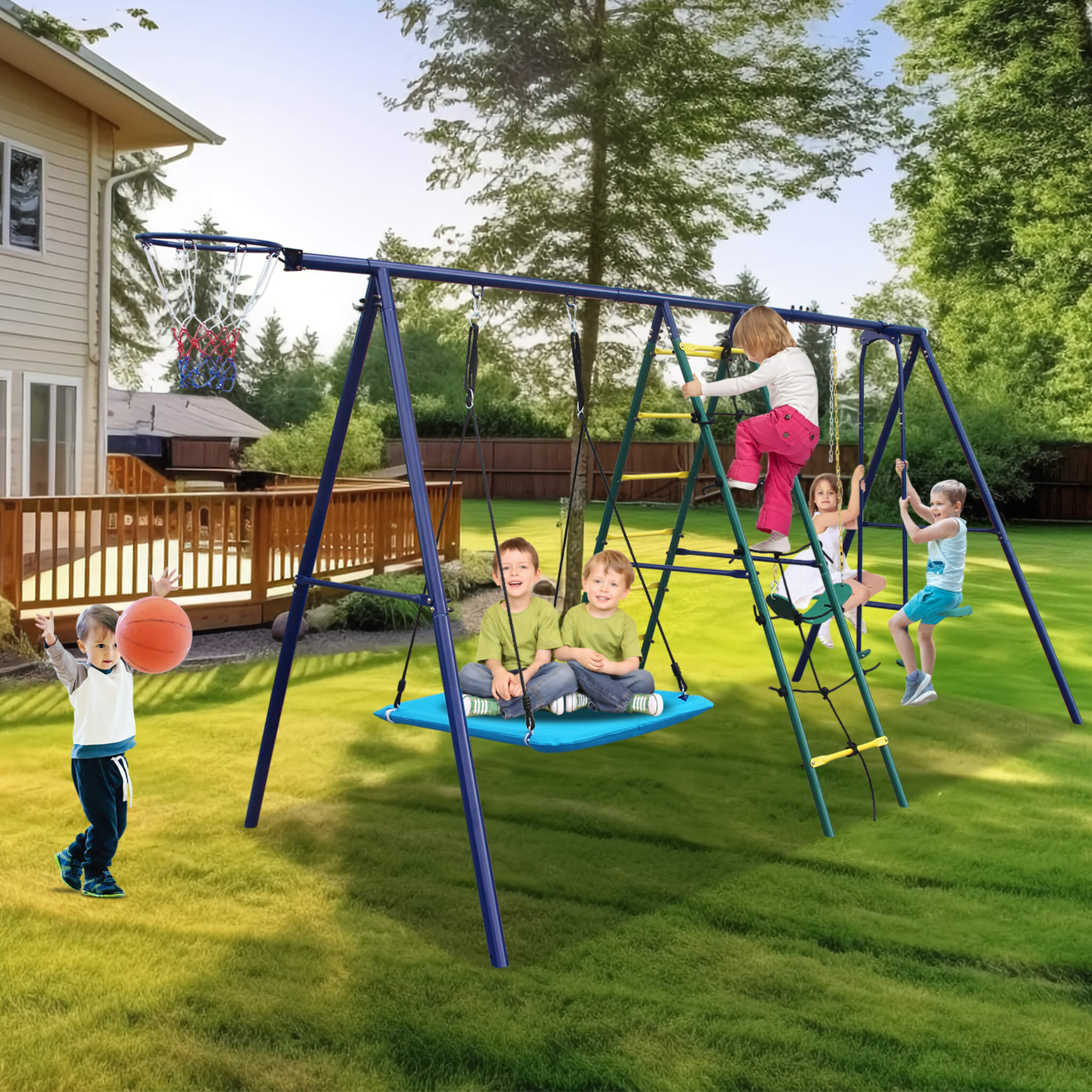 6-In-1 Outdoor Swing Set With Climbing Ladder Net And Basketball Hoop (SAK98152) - Image 7