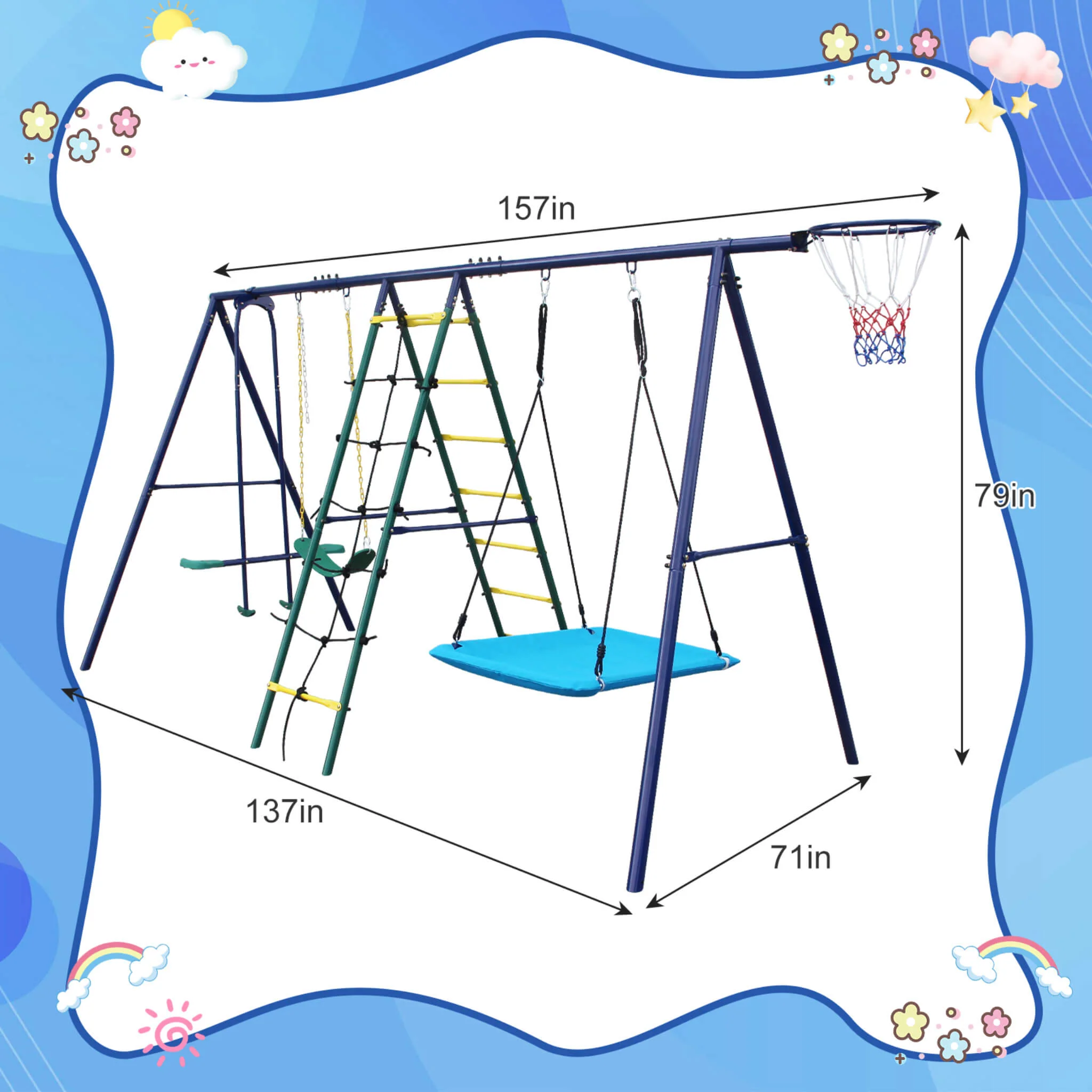 6-In-1 Outdoor Swing Set With Climbing Ladder Net And Basketball Hoop (SAK98152) - Image 8