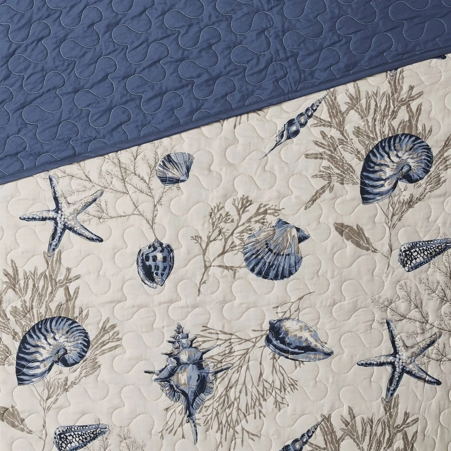 6-Piece Nautical Sea Shells Coral Blue Beige Reversible Daybed Cover Bedding Set - Image 2