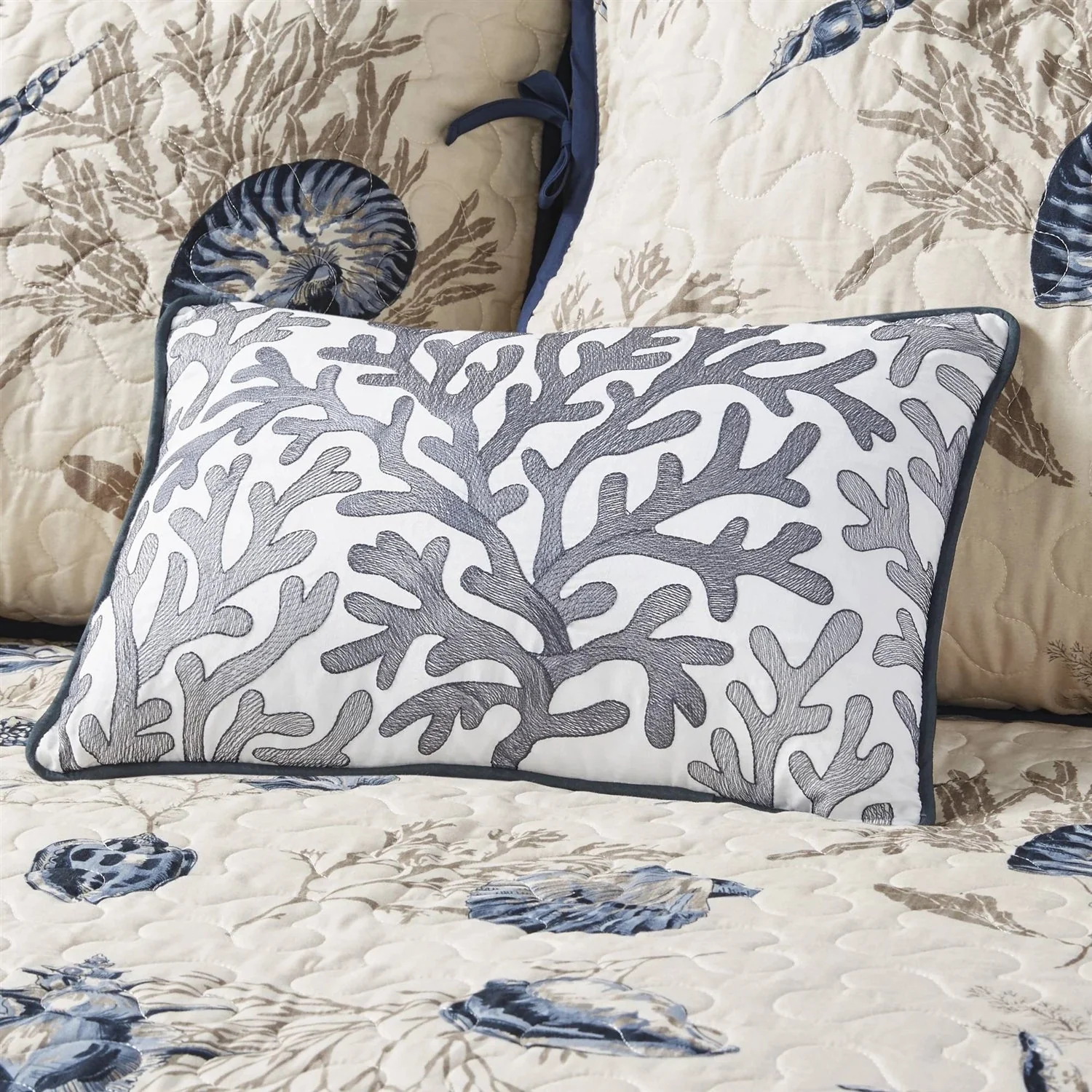 6-Piece Nautical Sea Shells Coral Blue Beige Reversible Daybed Cover Bedding Set - Image 3