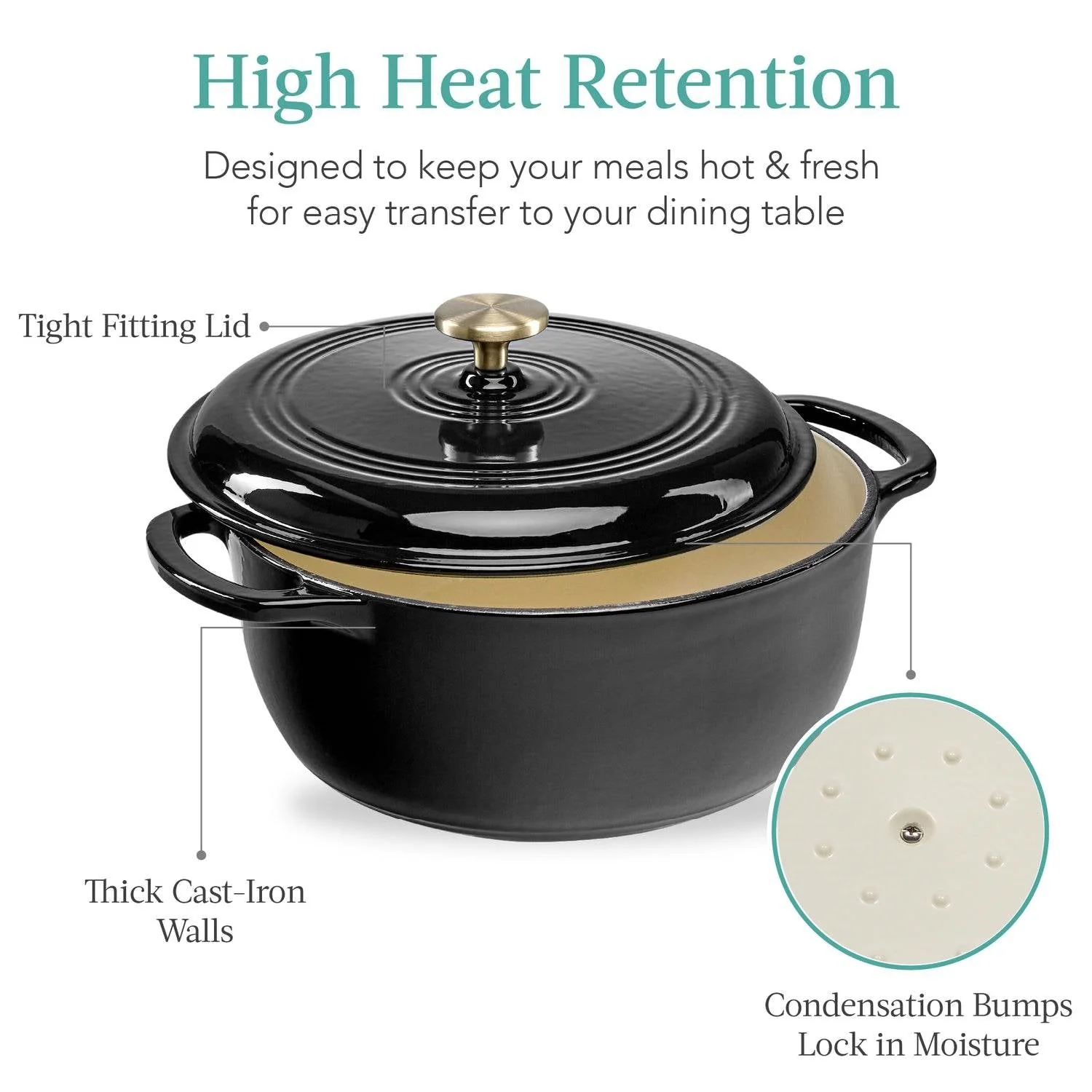6 Quart Large Black Enamel Cast-Iron Dutch Oven Kitchen Cookware - Image 2
