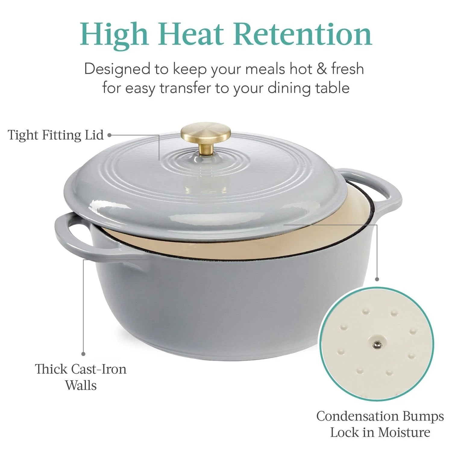 6 Quart Large Light Grey Enamel Cast-Iron Dutch Oven Kitchen Cookware - Image 2