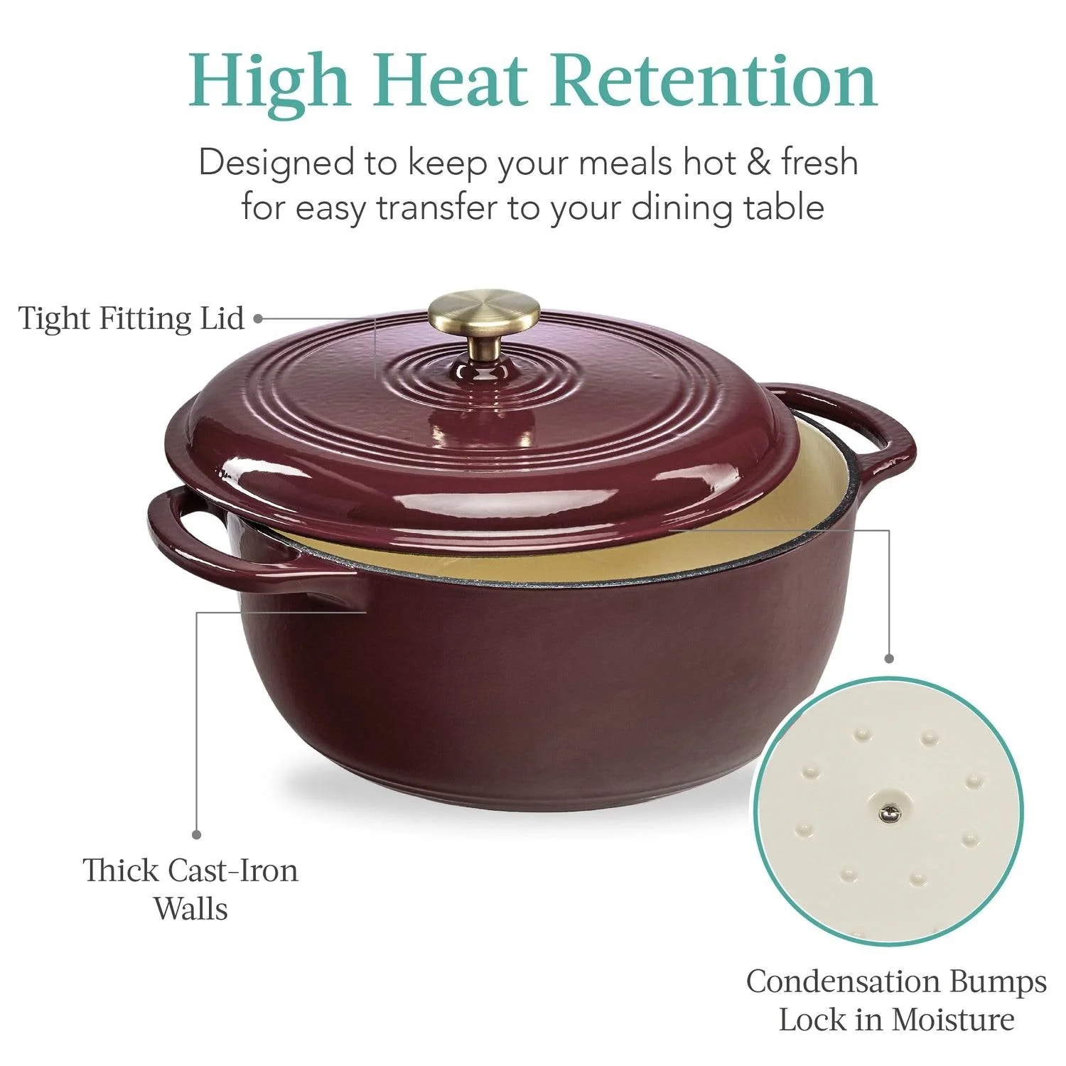 6 Quart Large Maroon Cabernet Red Enamel Cast-Iron Dutch Oven Kitchen Cookware - Image 2