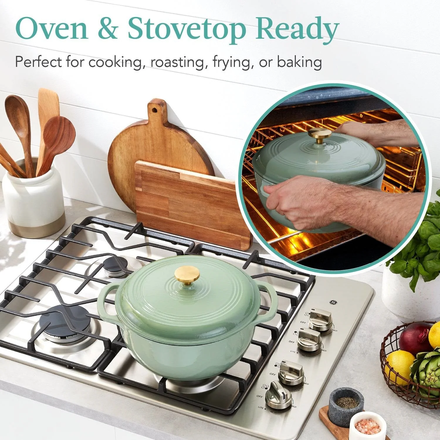 6 Quart Large Sage Green Enamel Cast-Iron Dutch Oven Kitchen Cookware - Image 3