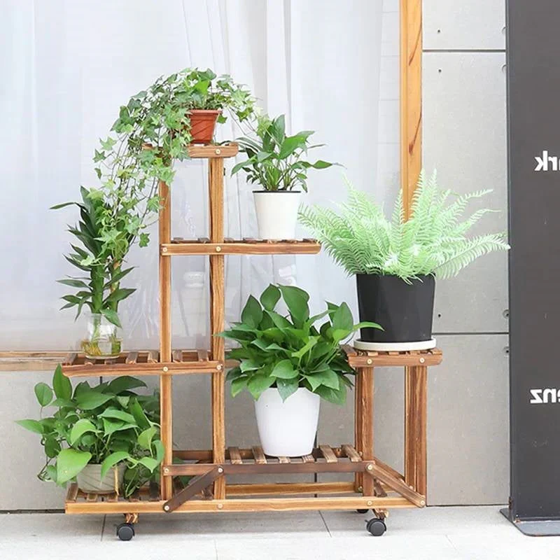 6-Shelf Portable Wooden Flower Pot Plant Stand with Locking Wheels - Image 2