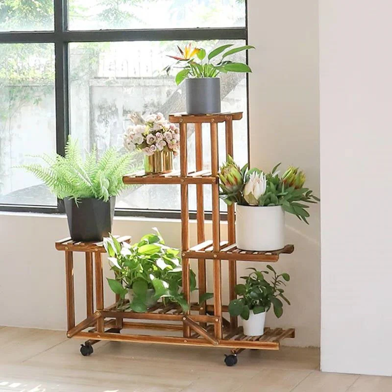 6-Shelf Portable Wooden Flower Pot Plant Stand with Locking Wheels - Image 3
