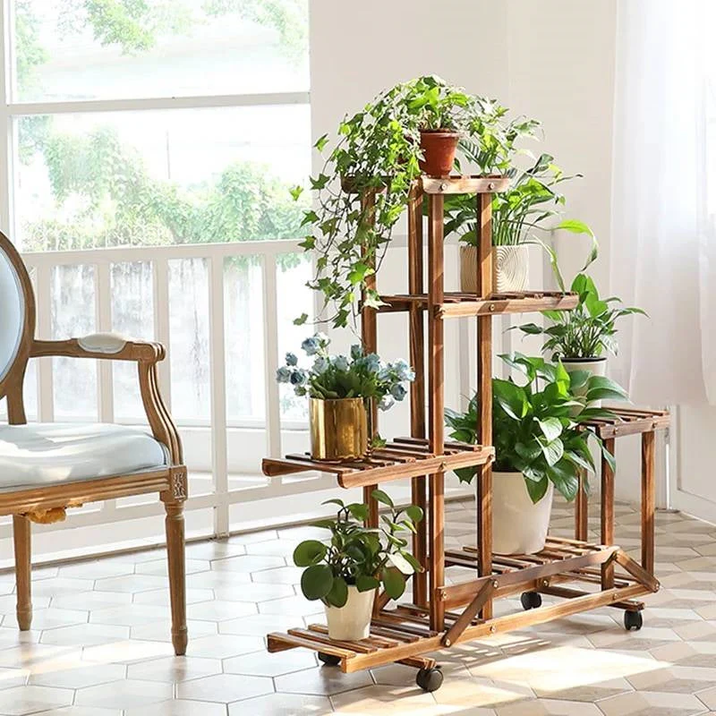 6-Shelf Portable Wooden Flower Pot Plant Stand with Locking Wheels - Image 4
