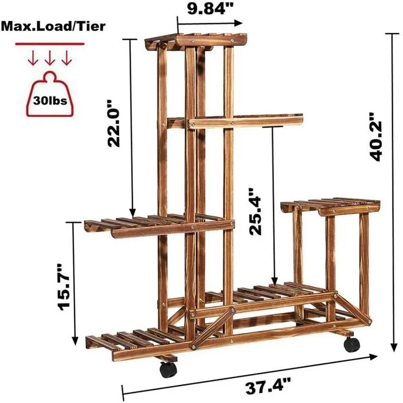 6-Shelf Portable Wooden Flower Pot Plant Stand with Locking Wheels - Image 5