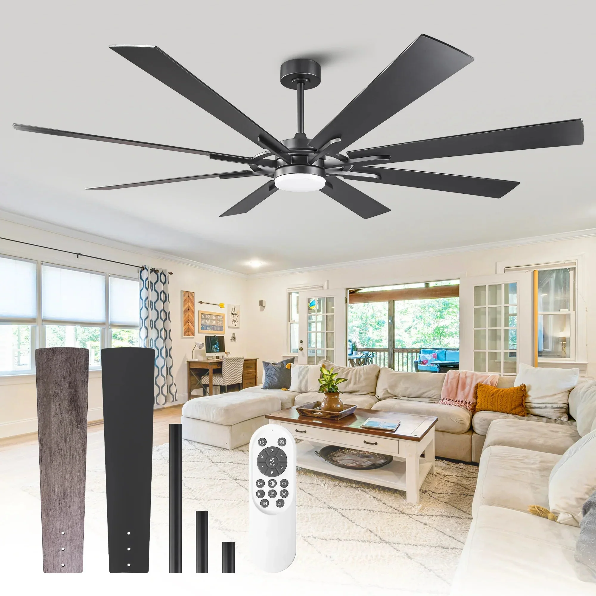 60 Inch 72 Inch Windmill Downrod Mount LED Ceiling Fan with Remote and APP Control - Image 12