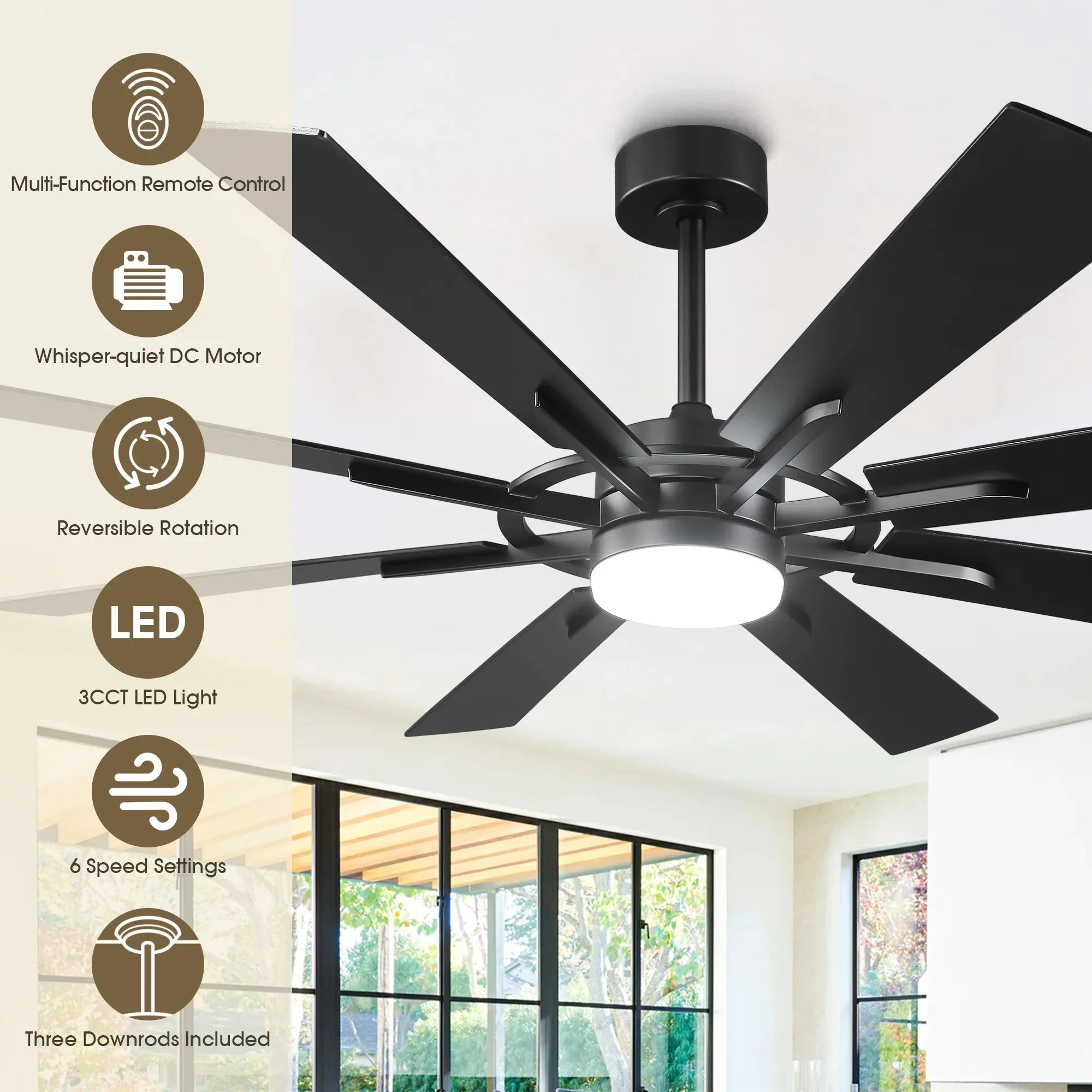 60 Inch 72 Inch Windmill Downrod Mount LED Ceiling Fan with Remote and APP Control - Image 14