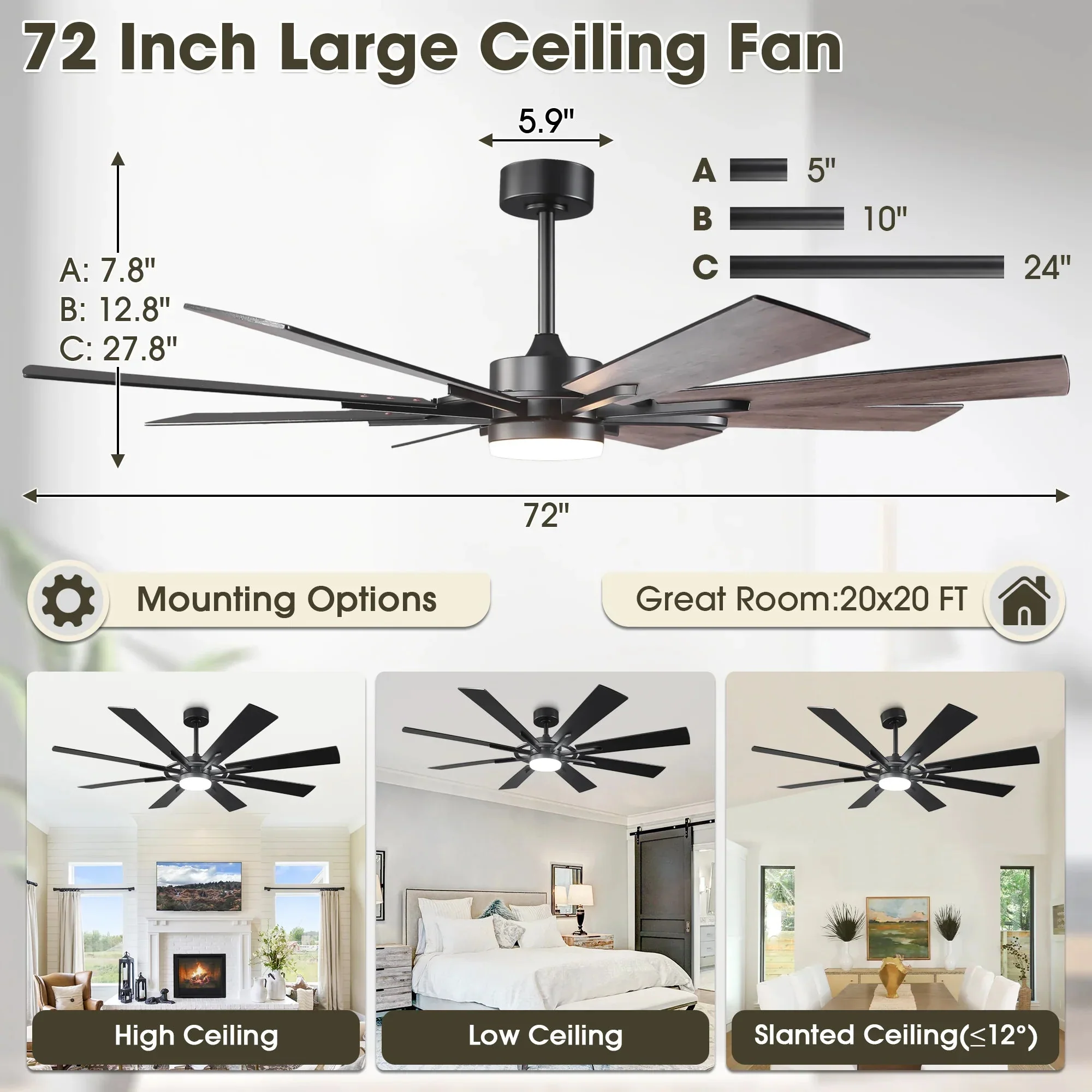 60 Inch 72 Inch Windmill Downrod Mount LED Ceiling Fan with Remote and APP Control - Image 17