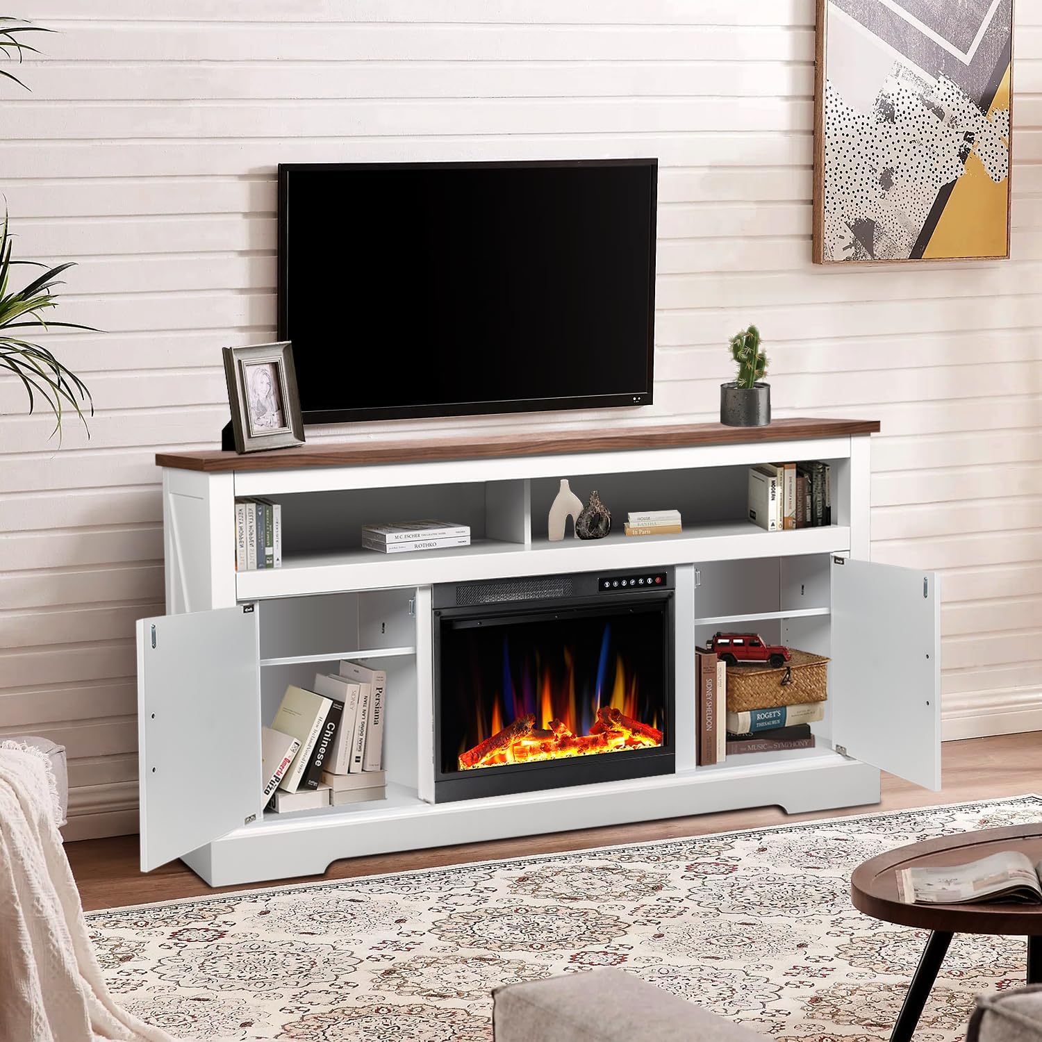 60''Fireplace TV Stand with Freestanding Electric Fireplace&Wooden Storage Cabinet M2301 - Image 2