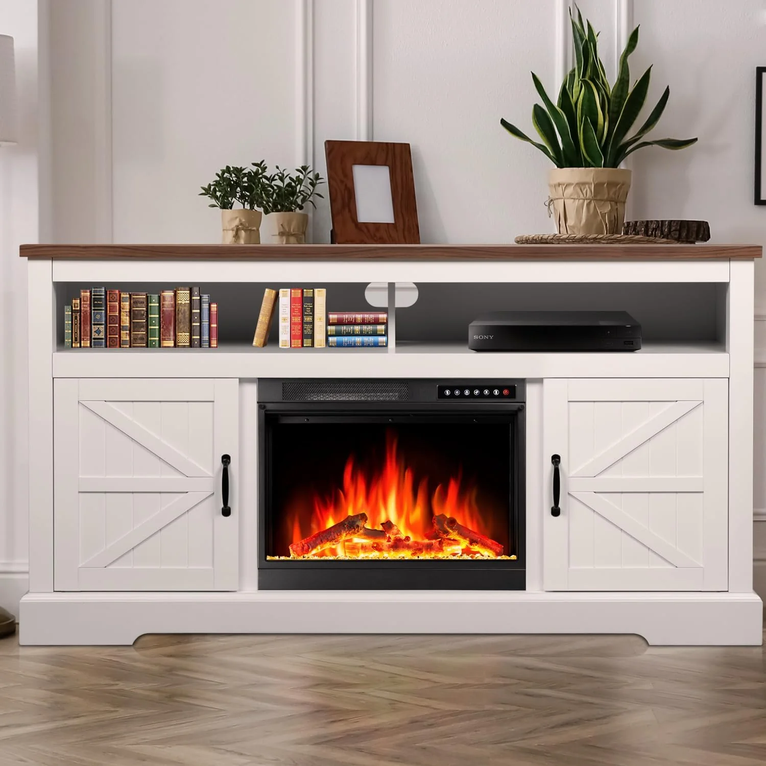 60''Fireplace TV Stand with Freestanding Electric Fireplace&Wooden Storage Cabinet M2301 - Image 4