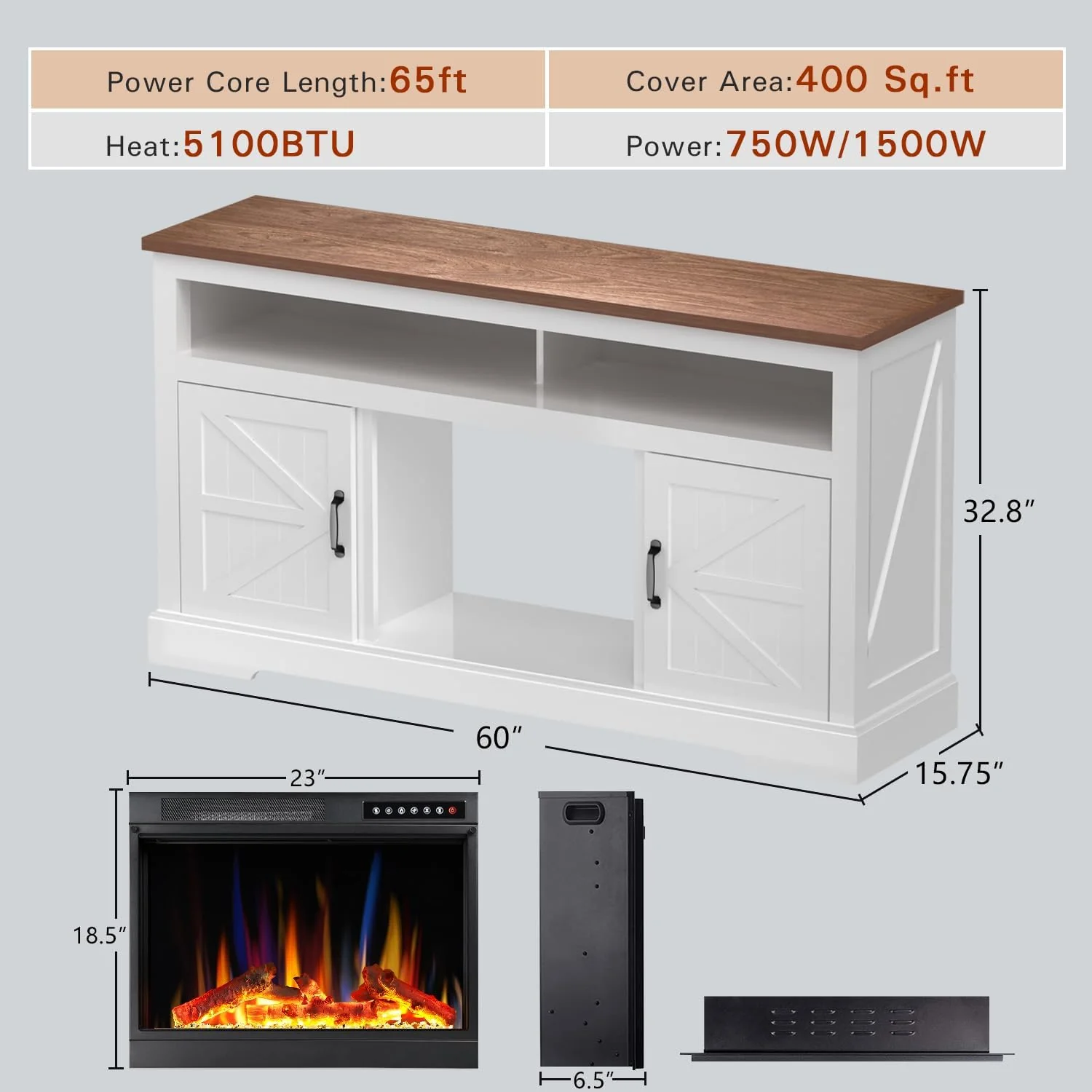 60''Fireplace TV Stand with Freestanding Electric Fireplace&Wooden Storage Cabinet M2301 - Image 5