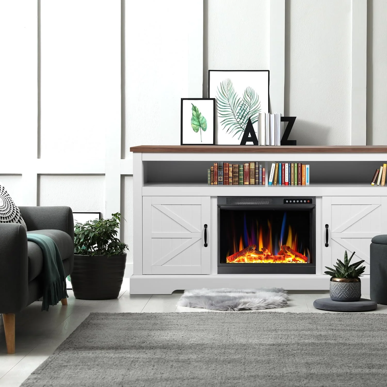 60''Fireplace TV Stand with Freestanding Electric Fireplace&Wooden Storage Cabinet M2301 - Image 8