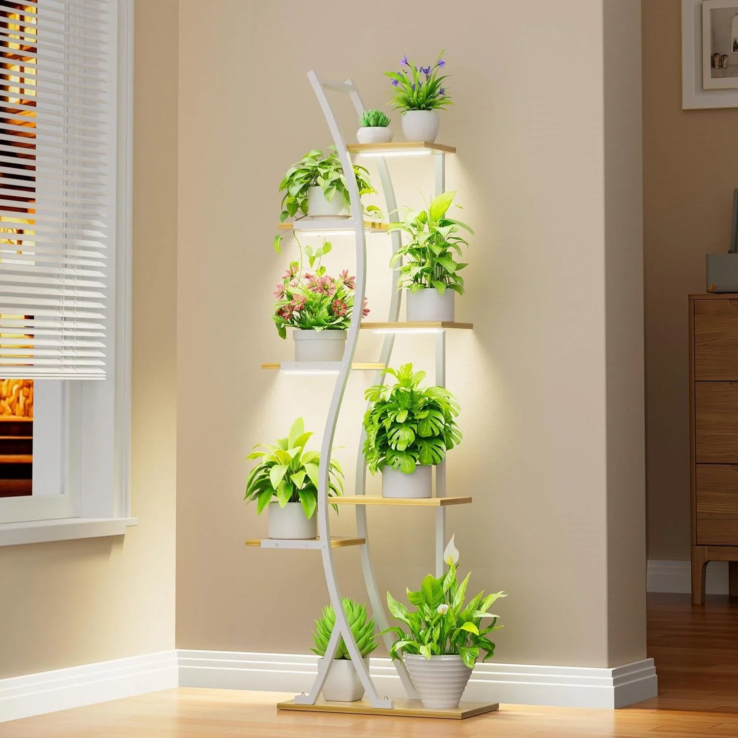 63-inch Tall Indoor Plant Stand with White Metal Frame and Wood Finish Shelves - Image 2