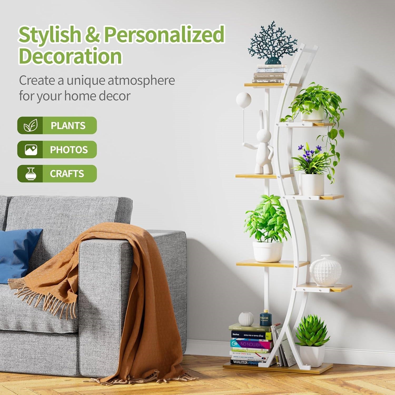 63-inch Tall Indoor Plant Stand with White Metal Frame and Wood Finish Shelves - Image 3