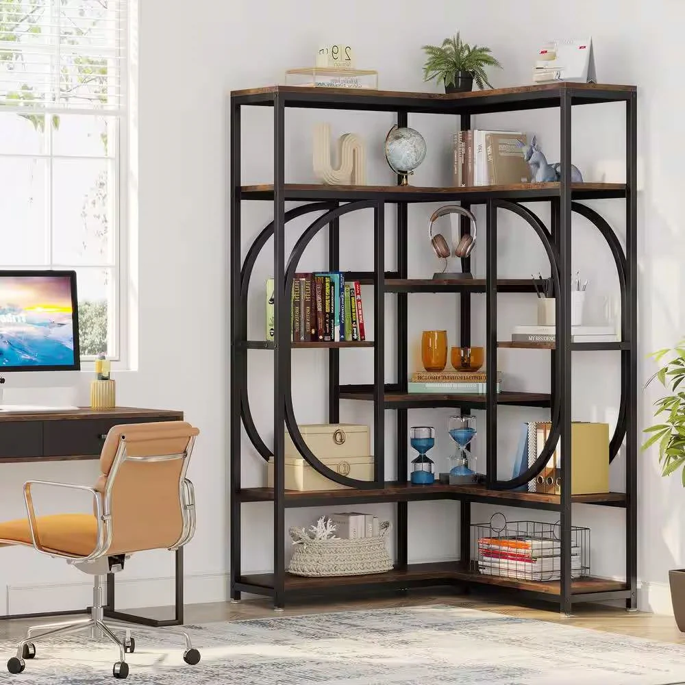 67-inch Tall Modern Industrial Metal Wood Corner Bookcase - Image 2