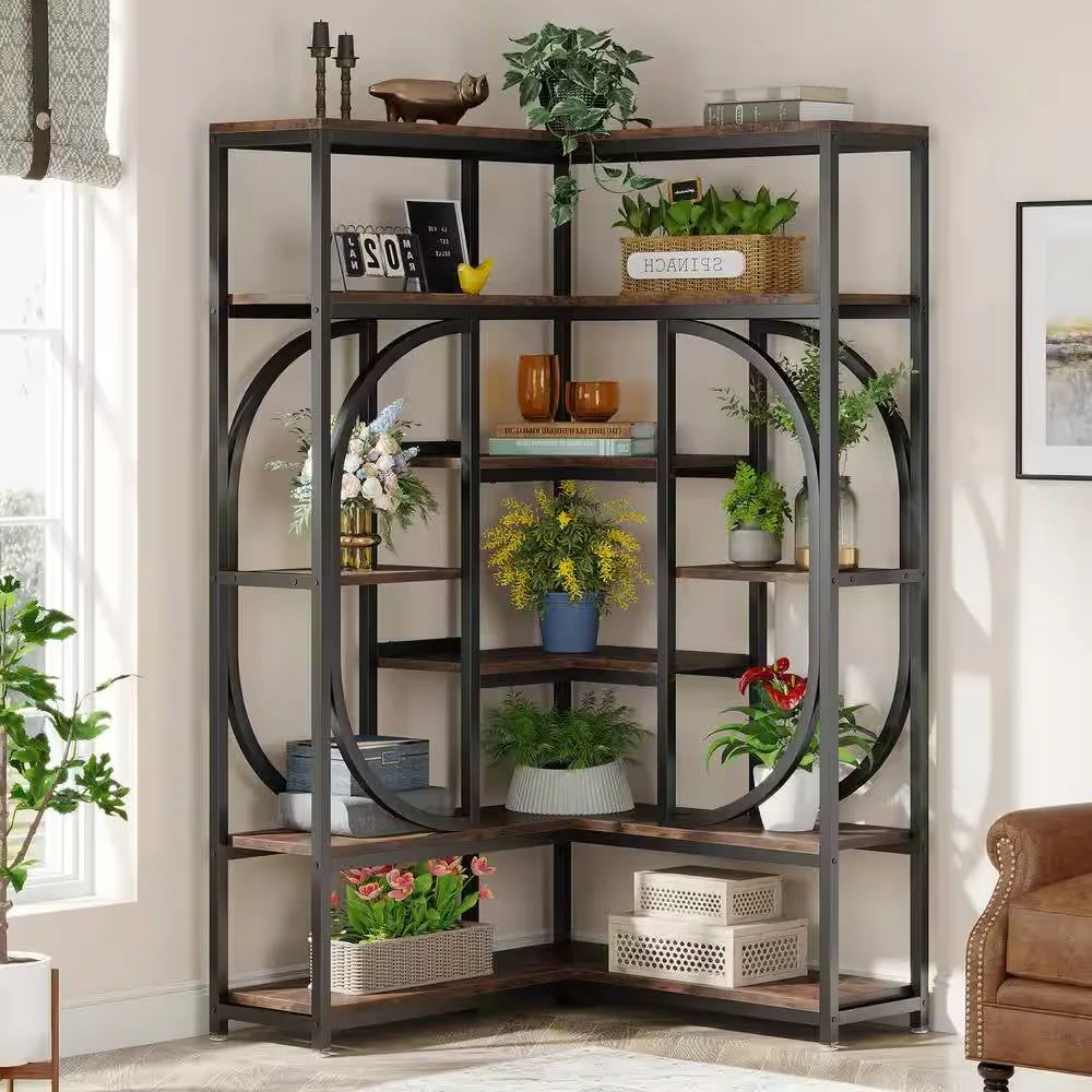 67-inch Tall Modern Industrial Metal Wood Corner Bookcase - Image 3