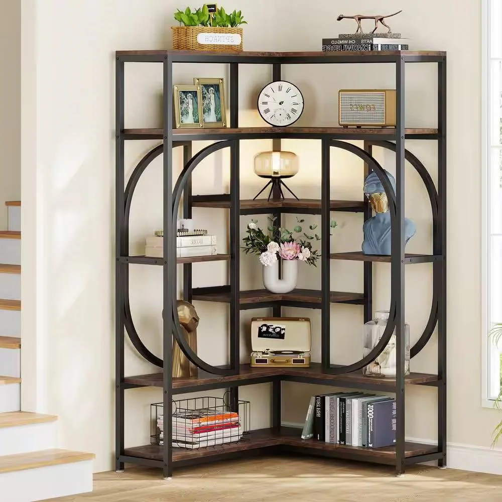 67-inch Tall Modern Industrial Metal Wood Corner Bookcase - Image 4