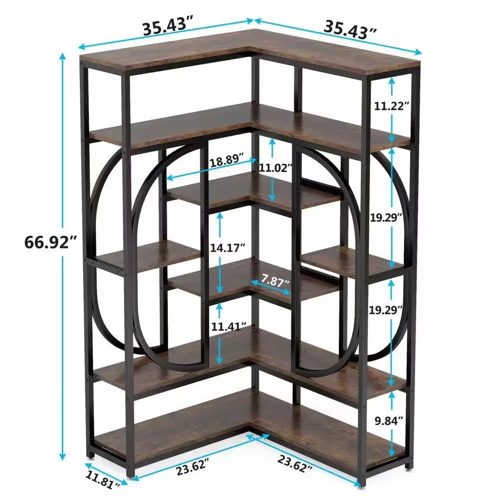 67-inch Tall Modern Industrial Metal Wood Corner Bookcase - Image 5