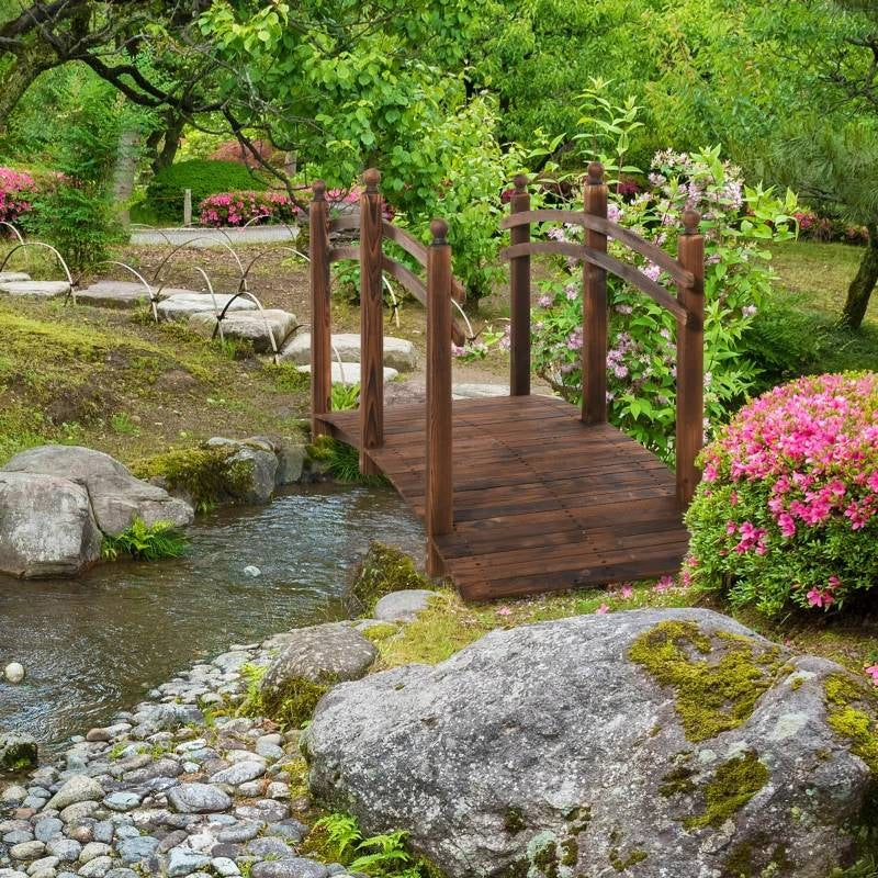 7.5 Ft Wooden Garden Bridge with Hand Rails in Carbonized Wood Finish - Image 2