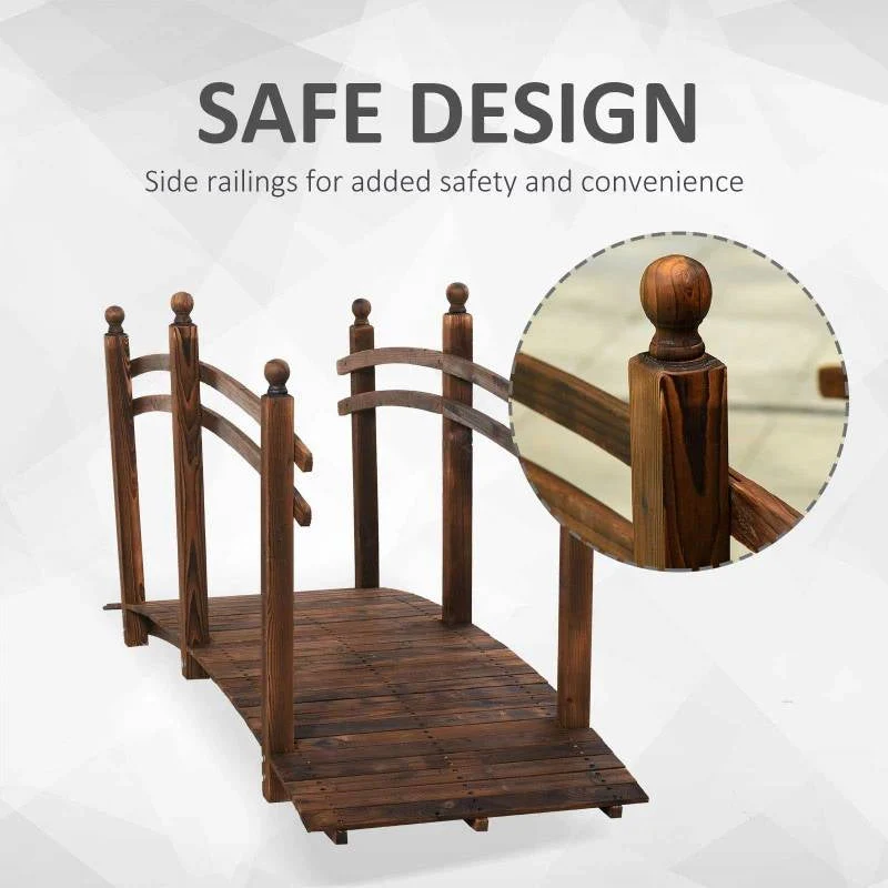 7.5 Ft Wooden Garden Bridge with Hand Rails in Carbonized Wood Finish - Image 4