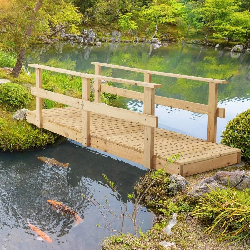 7 ft. Wooden Garden Bridge with Hand Rails in Natural Finish - Image 2