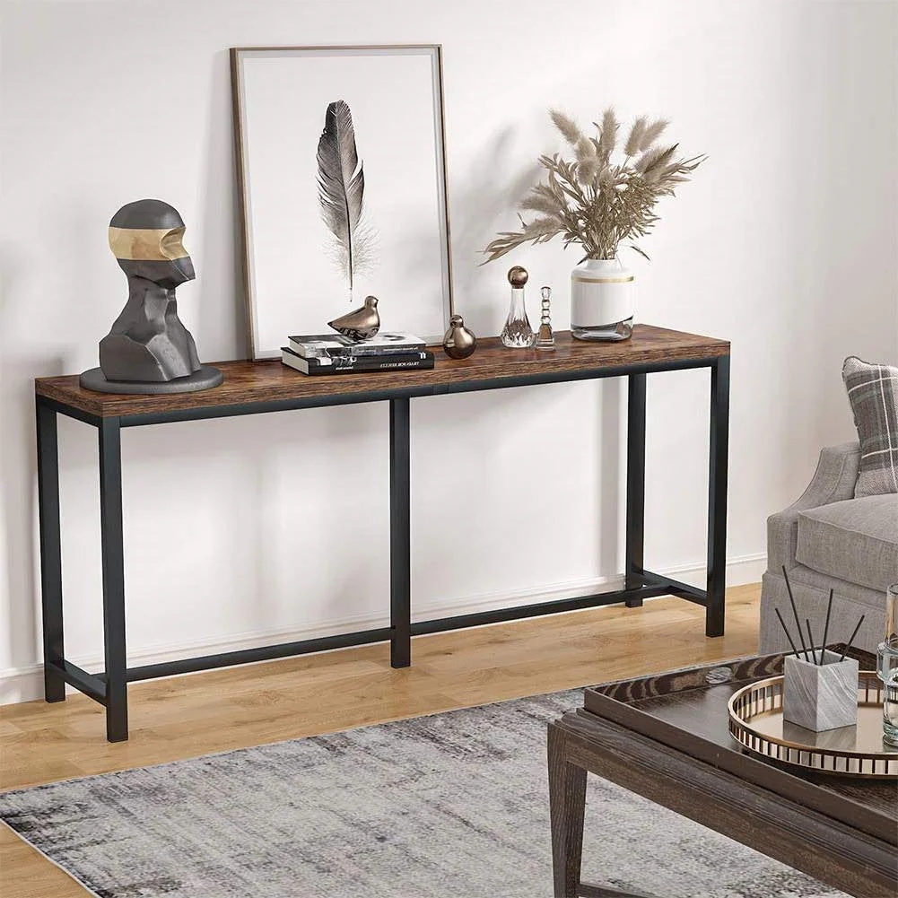 70-inch Long Narrow Hallway Sofa Table with Wood Top and Black Metal Frame - Image 3