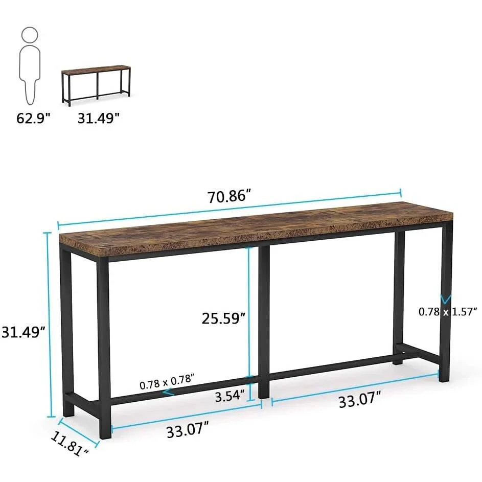 70-inch Long Narrow Hallway Sofa Table with Wood Top and Black Metal Frame - Image 5